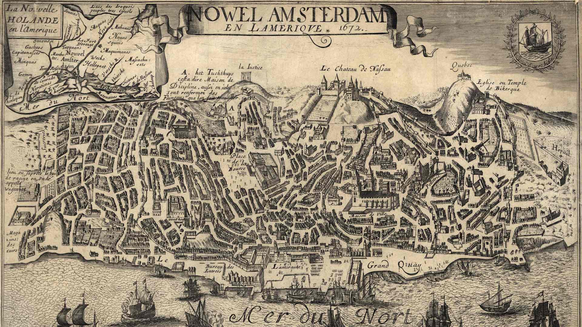 A map of New York, or New Amsterdam, in the Americas, 1672. Illustration by Gerard Jollain. (Photo by Buyenlarge/Getty Images)