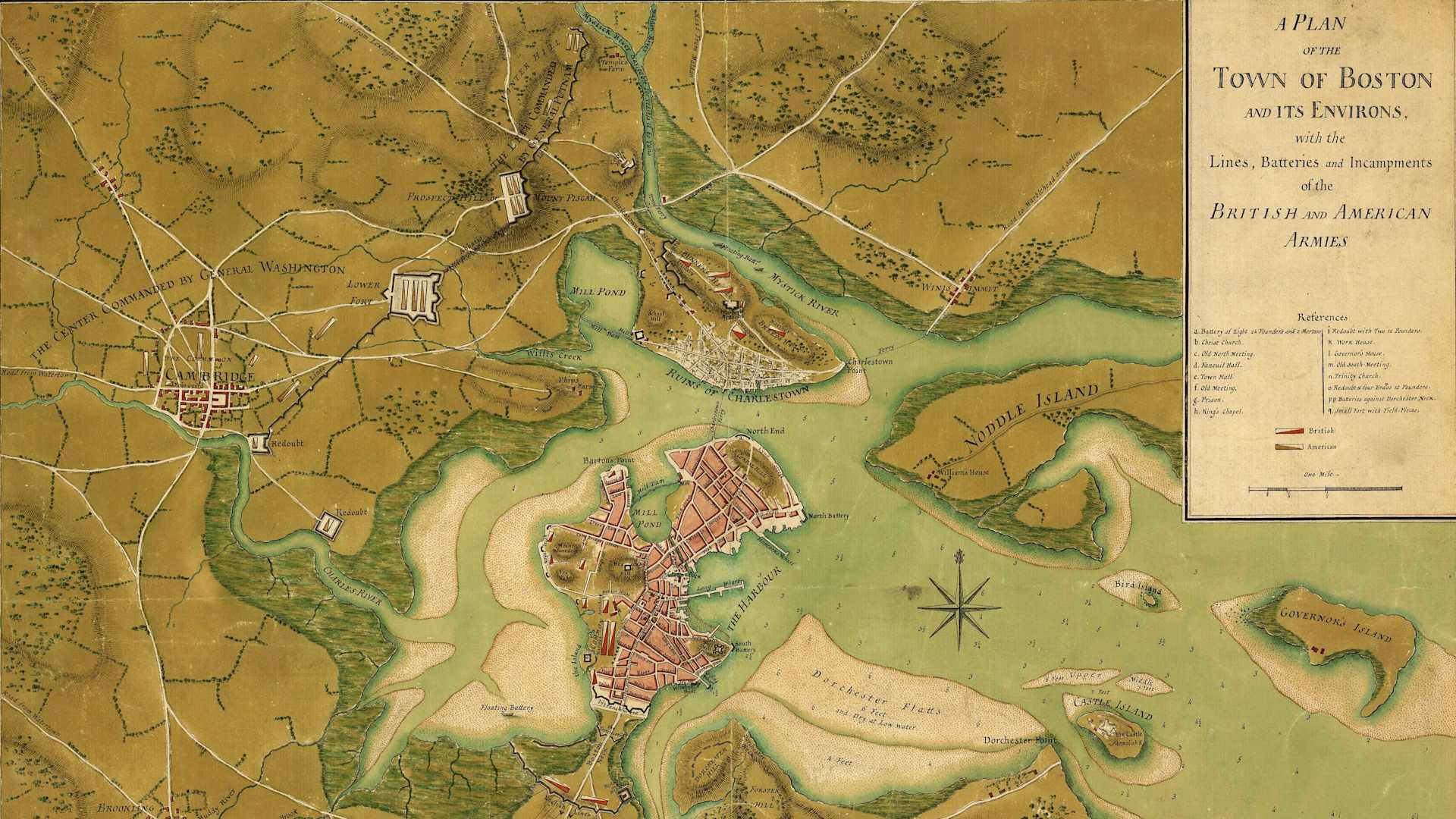 Illustrated map depicts British and American troop locations and during the British siege, Boston, Massachusetts, 1776. Illustrated by Sir Thomas Hyde Page.