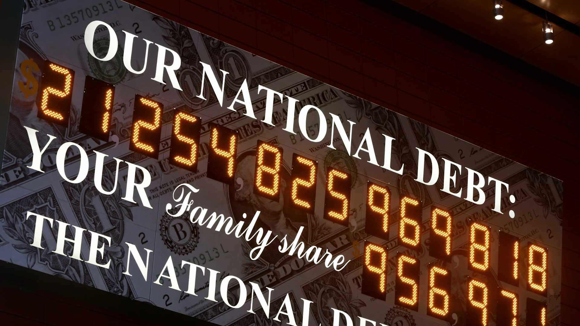 The National Debt Clock in Manhattan, New York, created by Seymour Durst, seen outside of the Bank of America Tower on September 20, 2018.