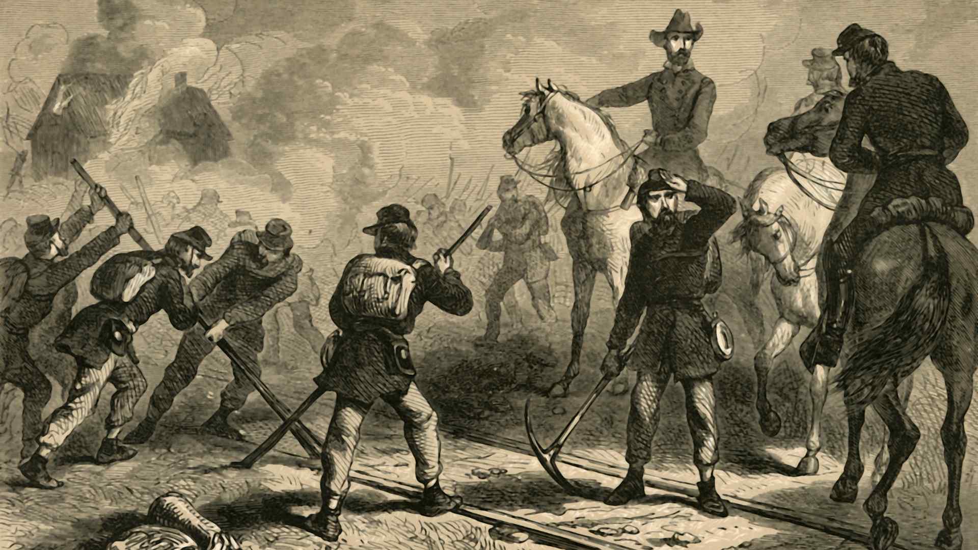 Sherman's March to the Sea', (1878). Unionist Major General William Tecumseh Sherman's men sabotaging a railrway during a military campaign of the American Civil War. Sherman's forces followed a 'scorched earth' policy in November-December 1864, destroying military targets as well as industry and infrastructure, and disrupting the Confederates' transport networks. The operation broke the back of the Confederacy and helped bring about its eventual surrender. From "Our Country: a Household History for All Readers, from the Discovery of America to the Present Time", Volume 3, by Benson J. Lossing. [Johnson & Miles, New York, 1878]. Artist Albert Bobbett. (Photo by The Print Collector/Getty Images)