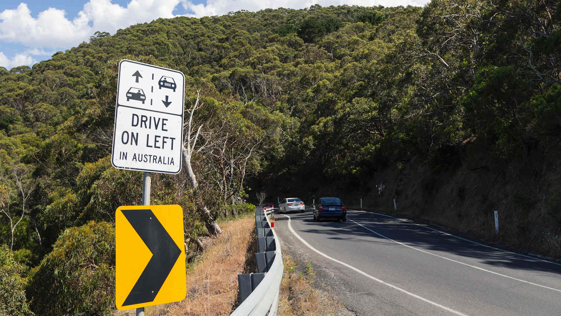 Warning to foreign tourists that in Australia they must drive on the left. (Photographed on the Great Ocean Road, Victoria, Australia. (Photo by: Ken Welsh/Education Images/Universal Images Group via Getty Images)