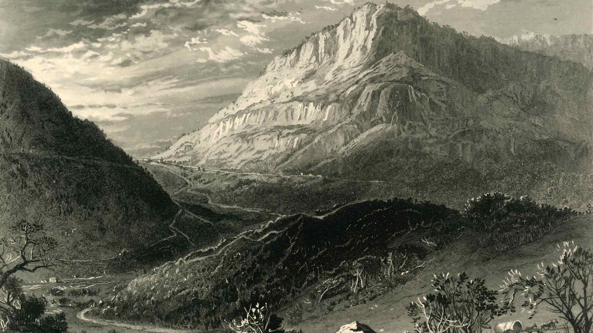 Cumberland Gap', 1872. View of the pass through the Cumberland Mountains on the border of Kentucky and Virginia, USA. From "Picturesque America; or, The Land We Live In, A Delineation by Pen and Pencil of the Mountains, Rivers, Lakes...with Illustrations on Steel and Wood by Eminent American Artists" Vol. I, edited by William Cullen Bryant. [D. Appleton and Company, New York, 1872]. Artist Harry Fenn.