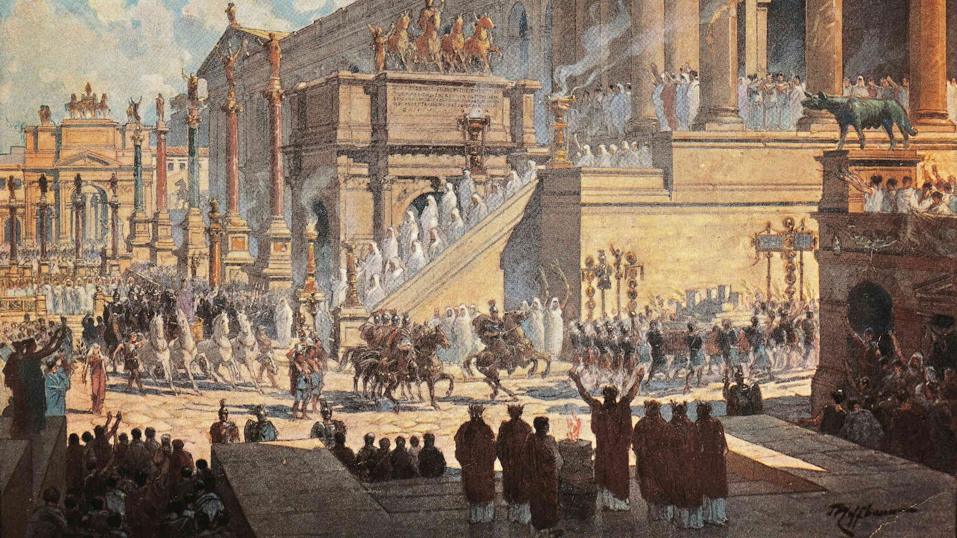 Idealized rendering of the Roman Forum. Print by Theodor Joseph Hubert Hoffbauer, 1911.