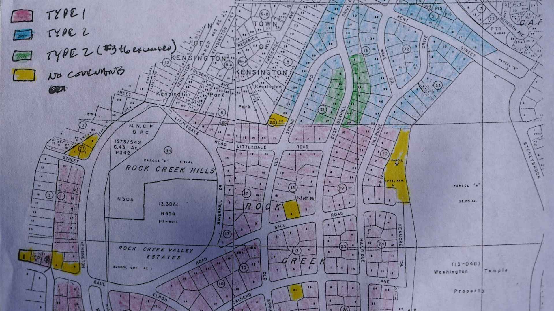 A neighborhood map that outlines the different restrictive covenants on the homes in Montgomery County's Rock Creek Hills neighborhood in Maryland