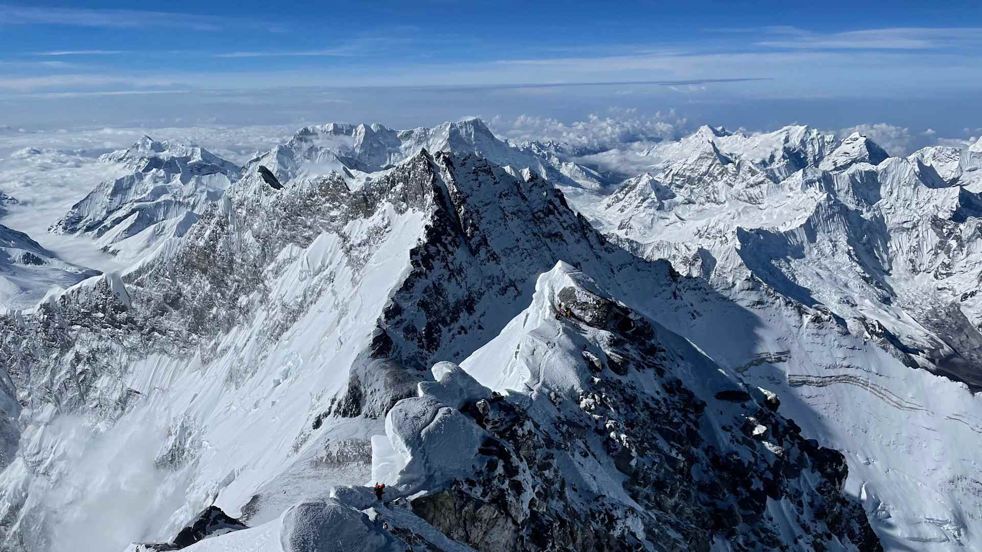 In this picture taken on May 31, 2021 shows the Himlayan range as seen from the summit of Mount Everest (8,848.86-metre), in Nepal. (Photo by Lakpa SHERPA / AFP) (Photo by LAKPA SHERPA/AFP via Getty Images)