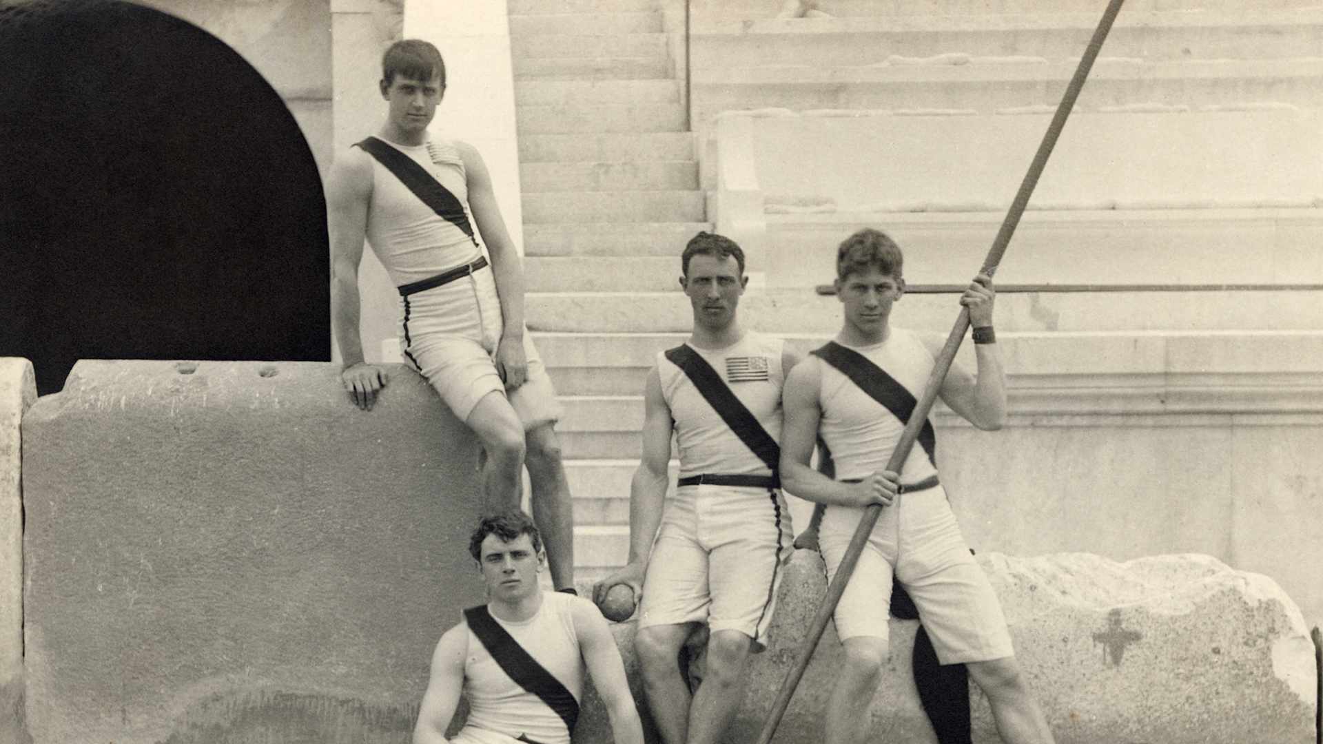 The athletic team of Princeton University, including Robert Garrett, Herbert Jamison, Francis Lane and Albert Tyler, during the first Summer Olympic Games, in Athens on 5th April 1896.