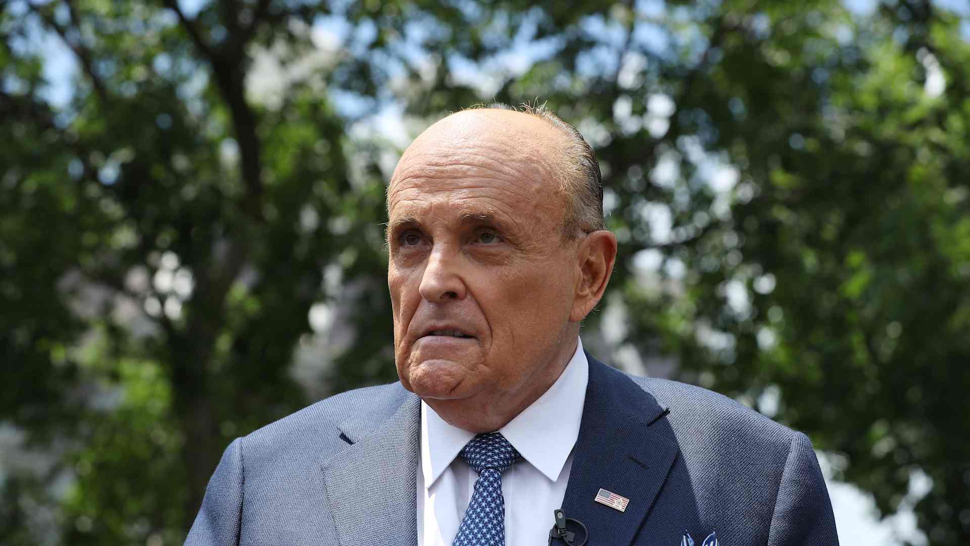 WASHINGTON, DC - JULY 01: President Donald Trump's lawyer and former New York City Mayor Rudy Giuliani talks to journalists outside the White House West Wing July 01, 2020 in Washington, DC. Giuliani did an on-camera interview with One America News Network's Chanel Rion before talking to other journalists about Vice President Joe Biden and the news that Russian intelligence may have paid Taliban operatives to kill U.S. troops in Afghanistan. (Photo by Chip Somodevilla/Getty Images)