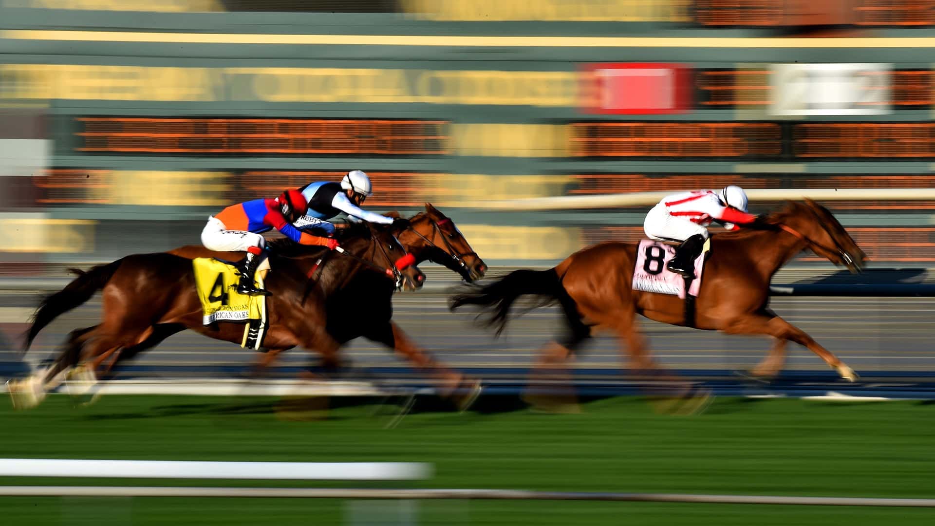 Jockey Flavien Prat (8) riding Duopoly wins the American Oaks (Grade 1) turf race during opening day of horse racing at Santa Anita Park in Arcadia on Saturday, December 26, 2020