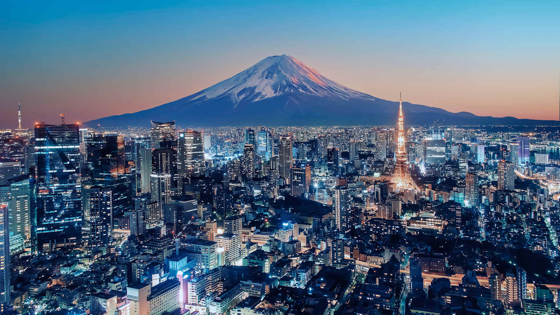 Tokyo, Japan illuminated at sunset.