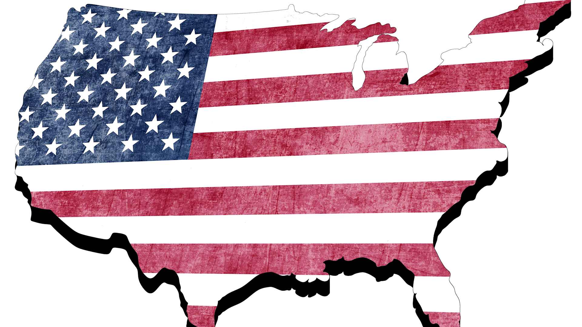 A map of the continental U.S.A overlaid with the flag.