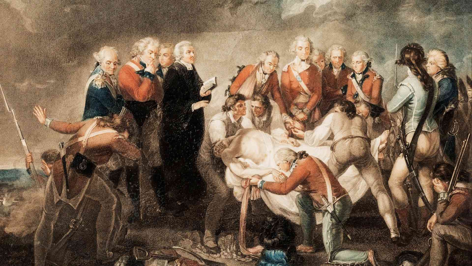 The Burial of General Fraser. A Lithograph after a work by John Graham (1754-1817). Depicting the burial of British General Simon Fraser, killed at the Battle of Bemis Heights during the American Revolution. Artist William Nutter, 1794.