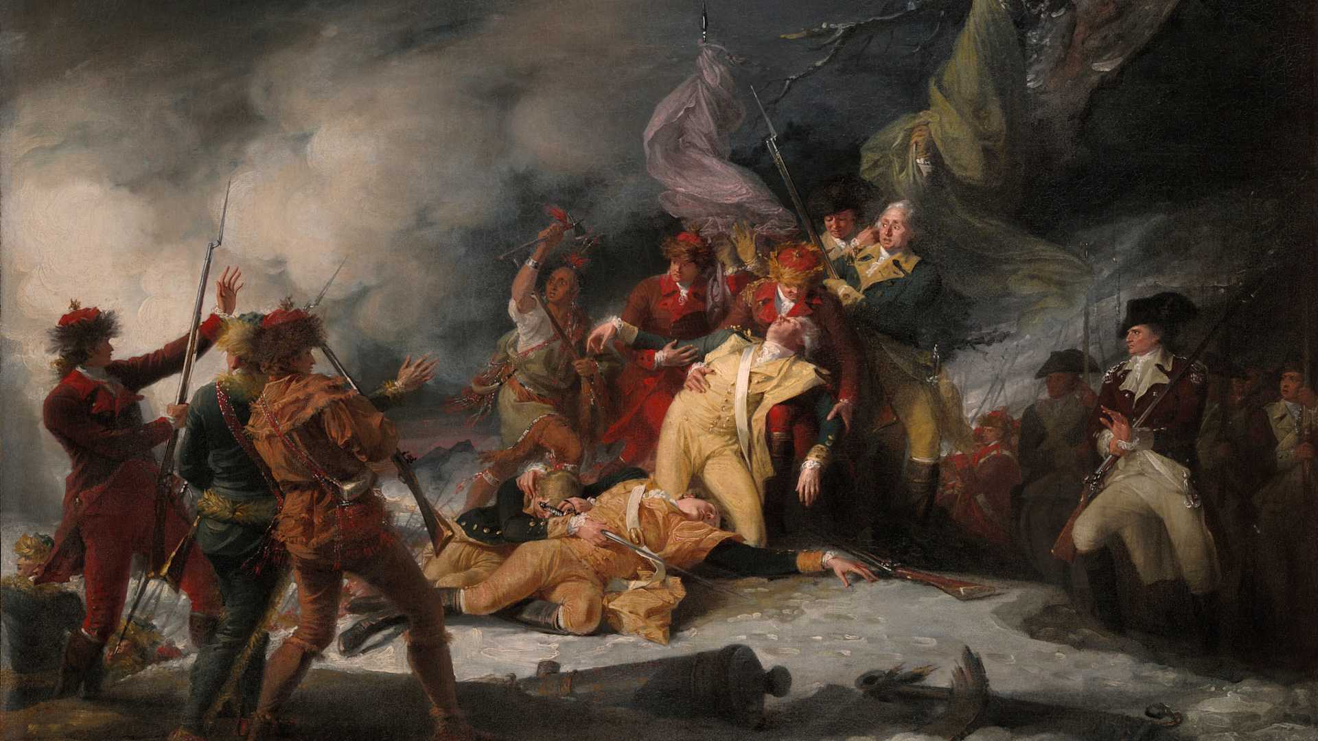 The Death of General Montgomery in the Attack on Quebec, December 31, 1775. An oil painting by John Trumbull. It depicts the tragic death of the American General Richard Montgomery at the Battle of Quebec, during the Invasion of Quebec, as part of a major military operation by the Continental Army. Painted in 1786.