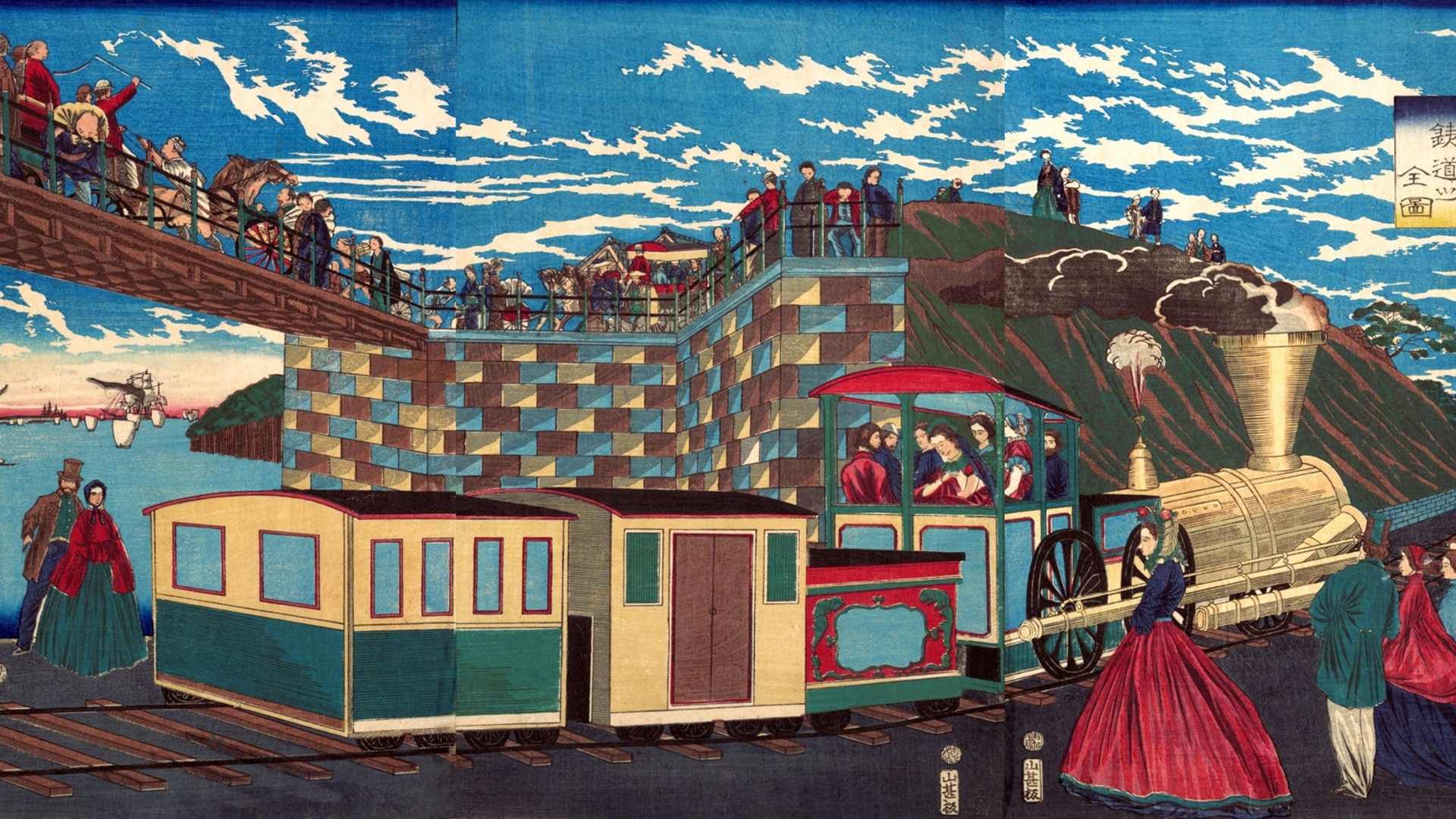 Steam locomotive at Takanawa, seen during Japan's Meiji Restoration.