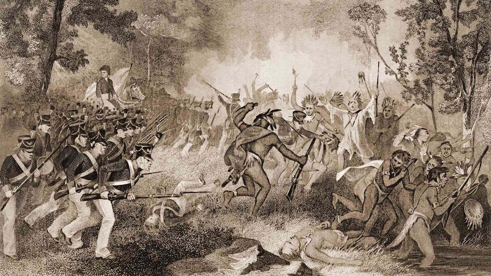 Illustration (after a painting by Alonzo Chappel) depicts the Battle of Tippecanoe between United States forces (under William Henry Harrison) and a coalition of Native American tribes (under Tenskwatawa), Indiana, 1811. (Photo by Stock Montage/Getty Images)