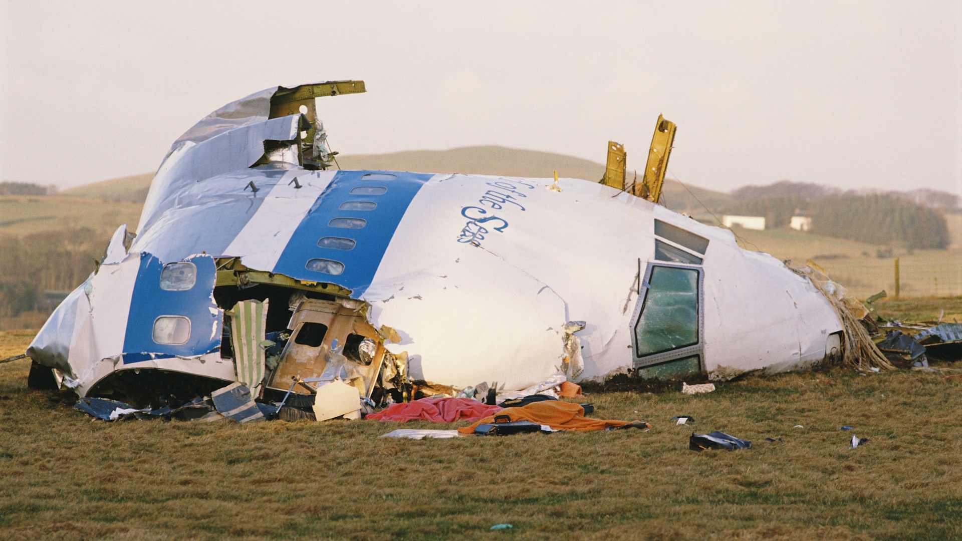 Some of the wreckage of Pan Am Flight 103 after it crashed onto the town of Lockerbie in Scotland, on 21st December 1988.