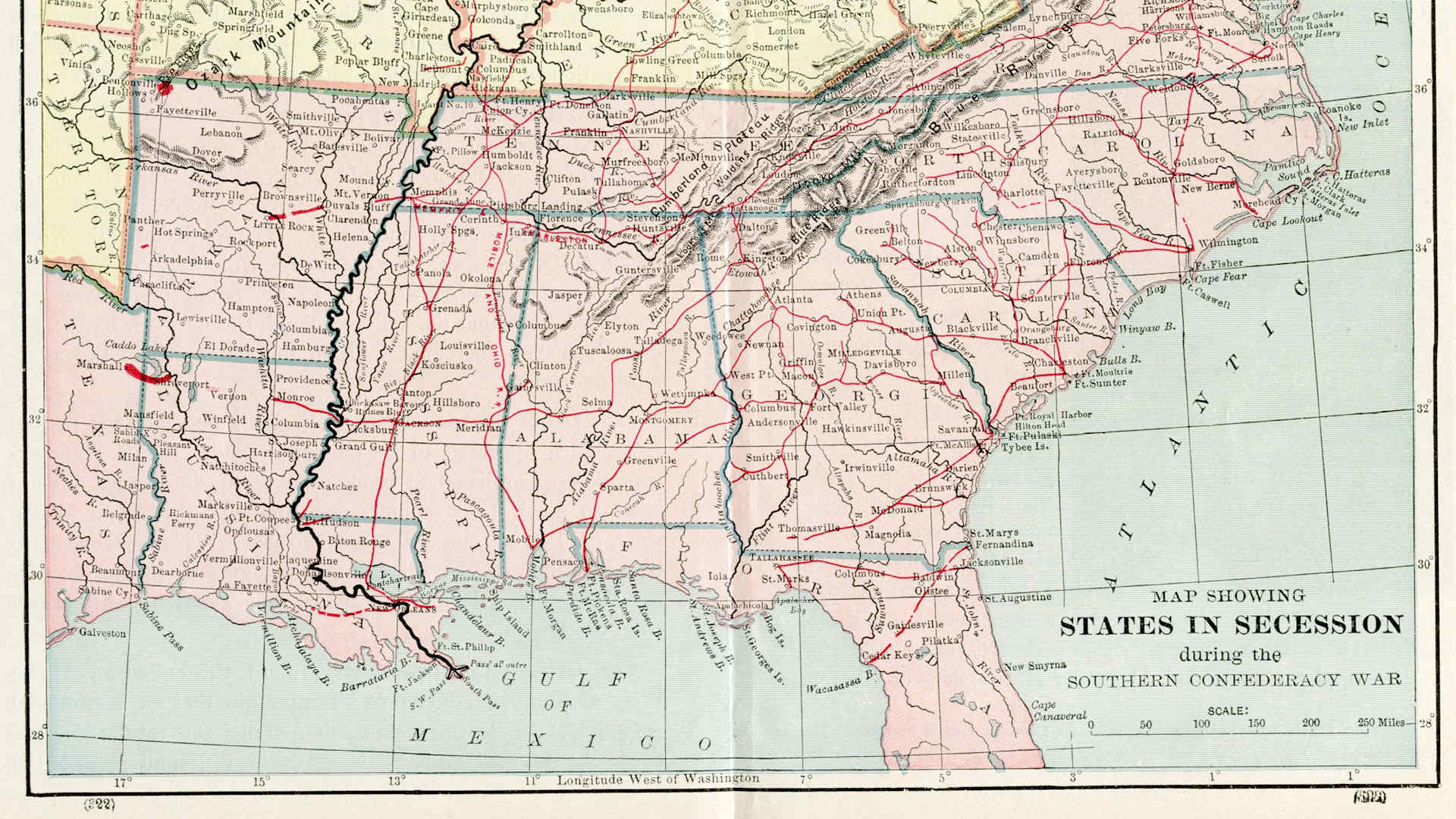 Map illustrating the various states in secession during the U.S. Civil War, mid 19th century. Published in Shinn's History of the American People, 1899.