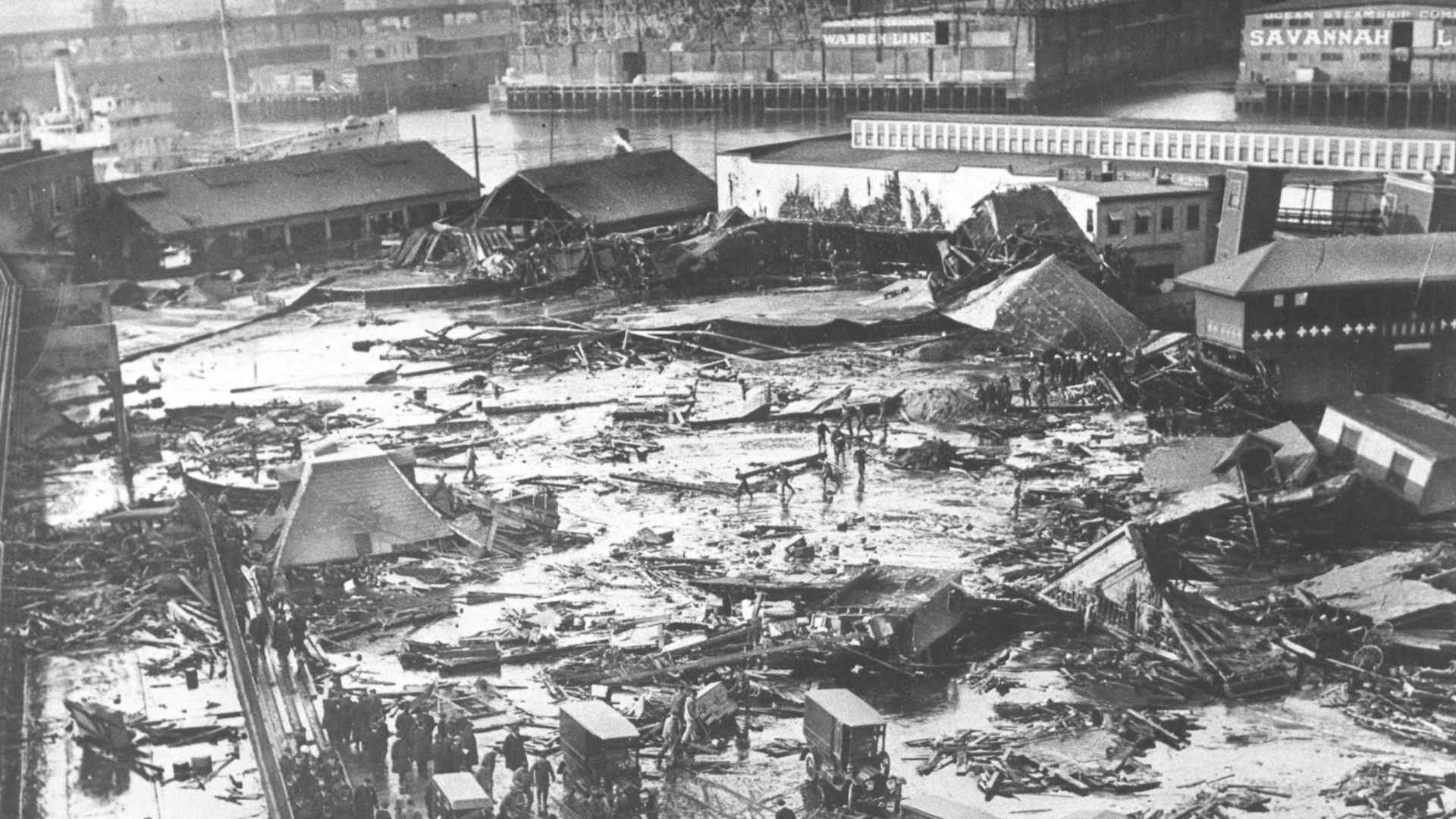 BOSTON - JANUARY 1: A molasses tank collapsed and caused widespread damage in Boston's North End in January 1919. The incident is commonly referred to as the Great Molasses Flood. (Photo by The Boston Globe via Getty Images)