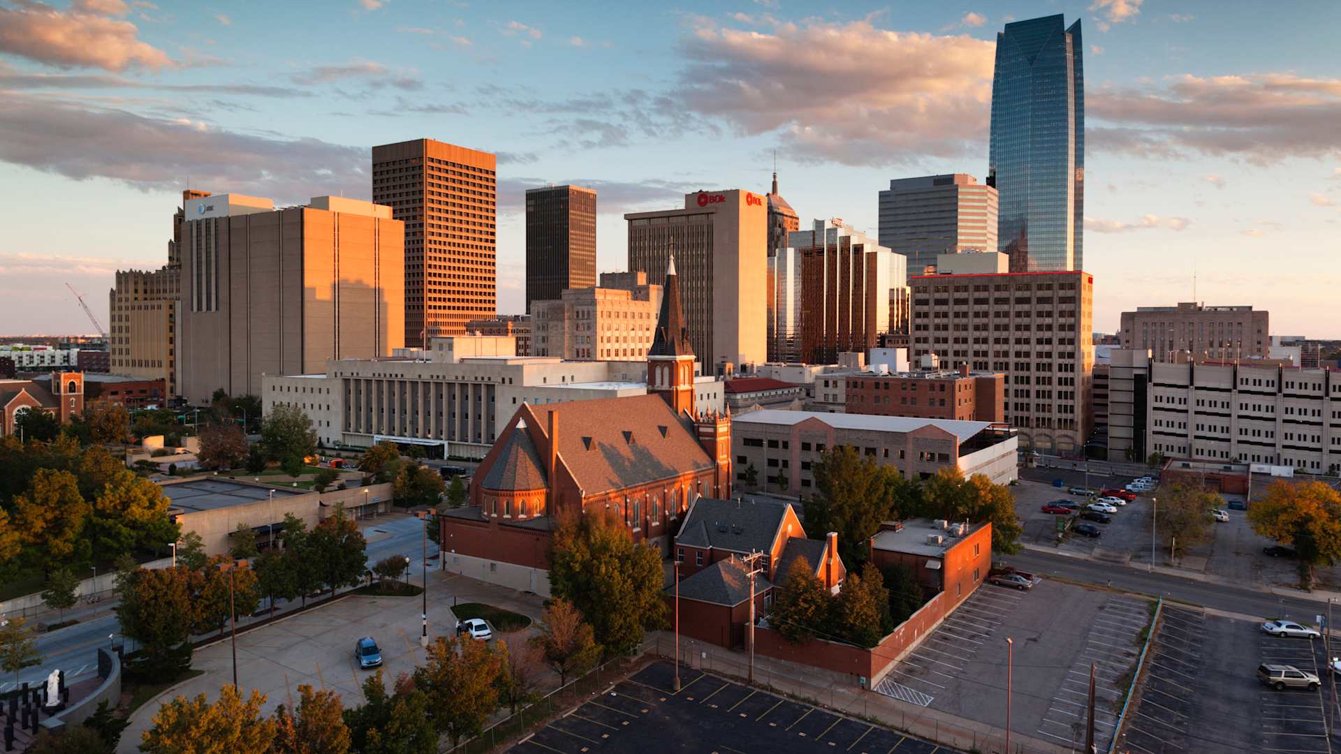 USA, Oklahoma, Oklahoma City, elevated city skyline with Devon Tower, dusk