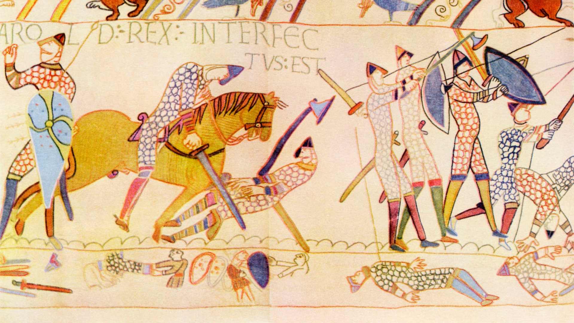 The Death of Harold at the Battle of Hastings, 1066. Detail from the Bayeux Tapestry.