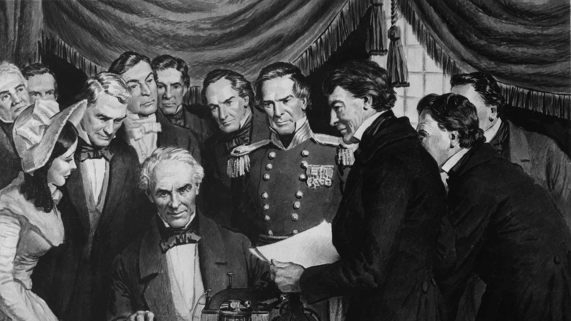 American painter-turned-inventor Samuel Morse (1791 - 1872) sends the first public telegram from the Supreme Court chamber in the Capitol, Washington, DC, to Baltimore, 24th May 1844. Morse sent the message 'What hath God Wrought?' (Photo by Authenticated News/Getty Images)