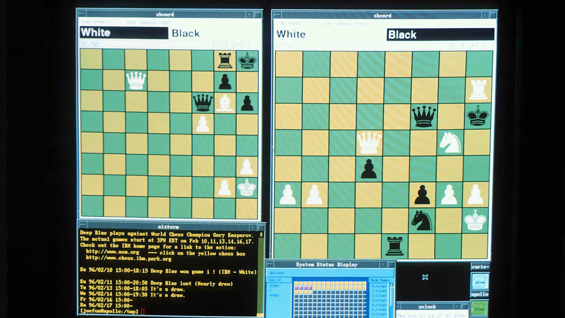A computer screen is photographed February 16, 1996 at IBM's headquarters in Armonk, New York, during IBM's supercomputer Deep Blue' s matches against world chess champion Garry Kasparov.