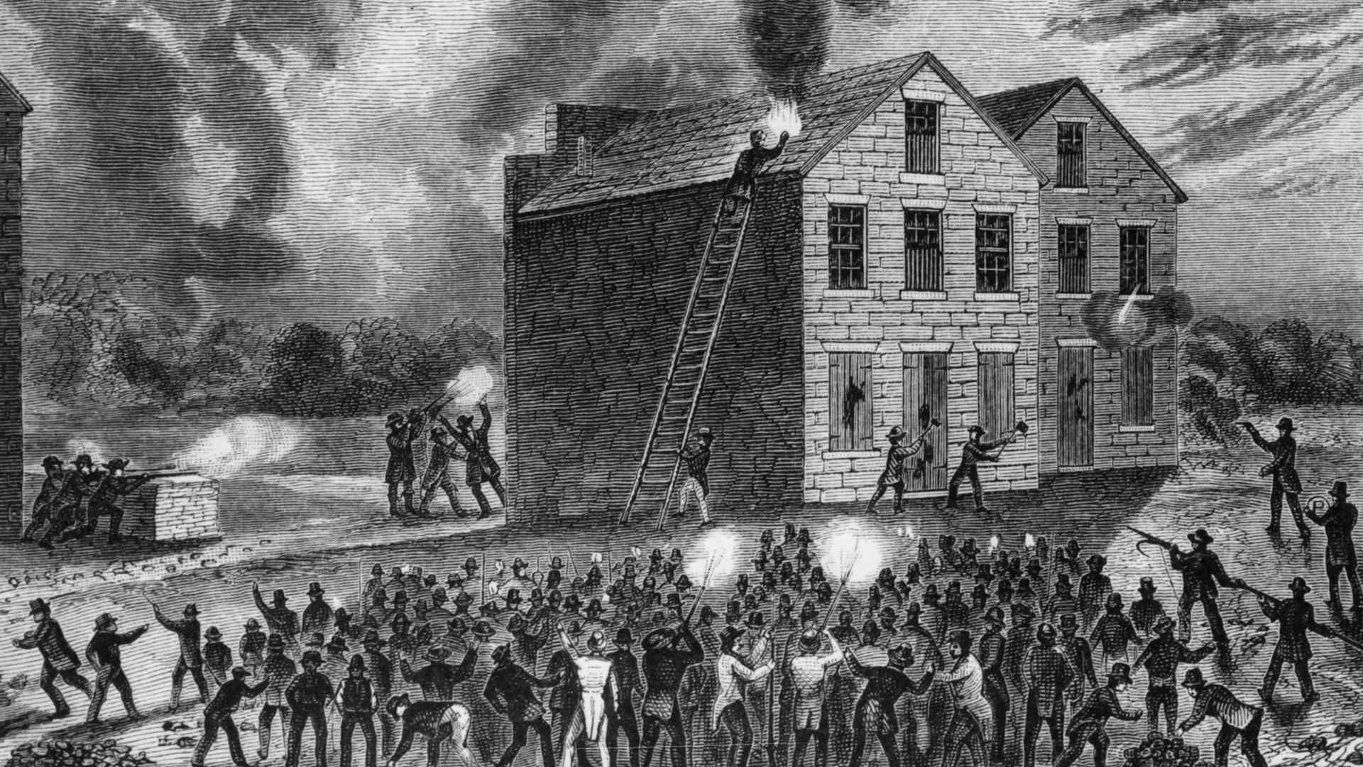 7th November 1837: A pro-slavery mob attacking the offices of the Alton Observer, killing the anti-slavery editor and proprietor, Elijah Lovejoy. (Photo by Hulton Archive/Getty Images)