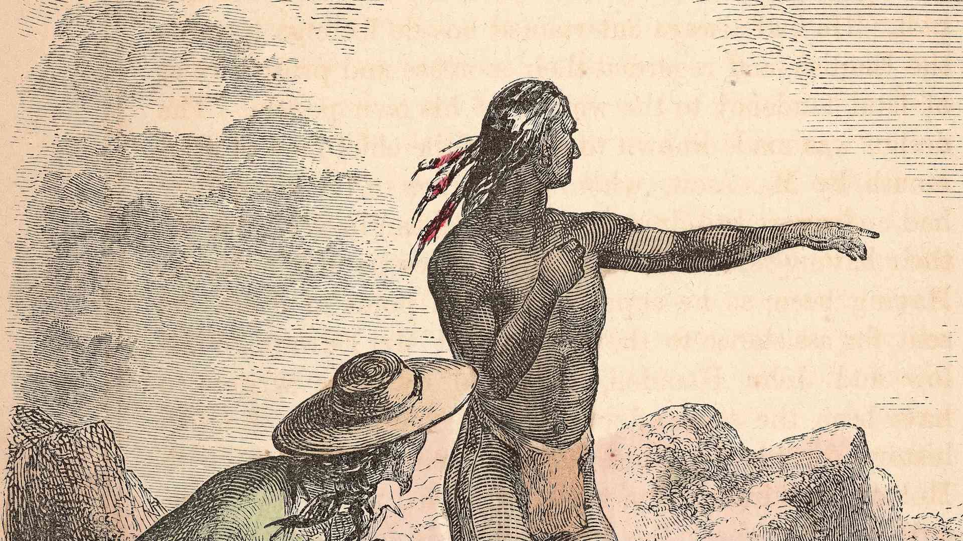 Detail of illustration depicting Native American Squanto (a.k.a. Tisquantum), of the Patuxet tribe, serving as guide and interpreter for the Pilgrims at the Plymouth Colony, circa 1621.