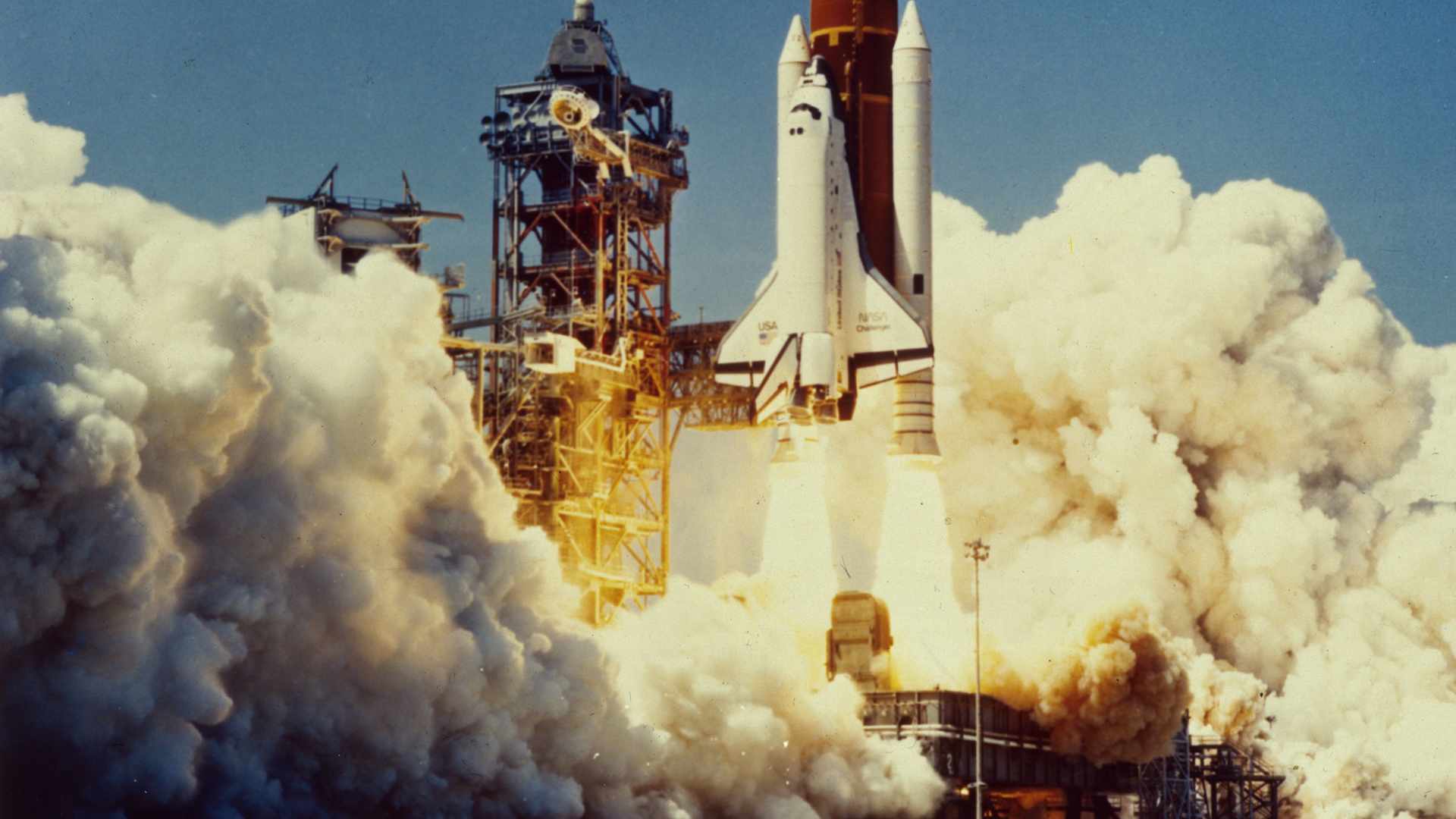 28th January 1986: The space shuttle Challenger (STS-51L) takes off from the Kennedy Space Centre, Florida. 73 seconds later the shuttle exploded, killing its seven crew members. (Photo by MPI/Getty Images)