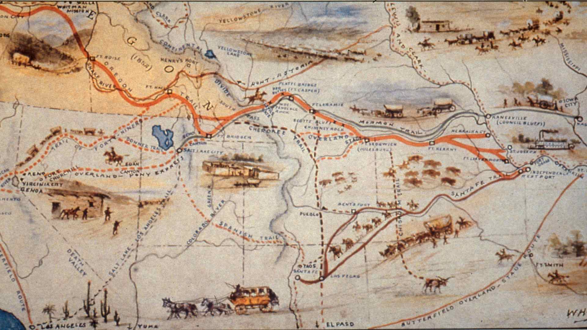 A map showing the westward trail from Missouri to Oregon.