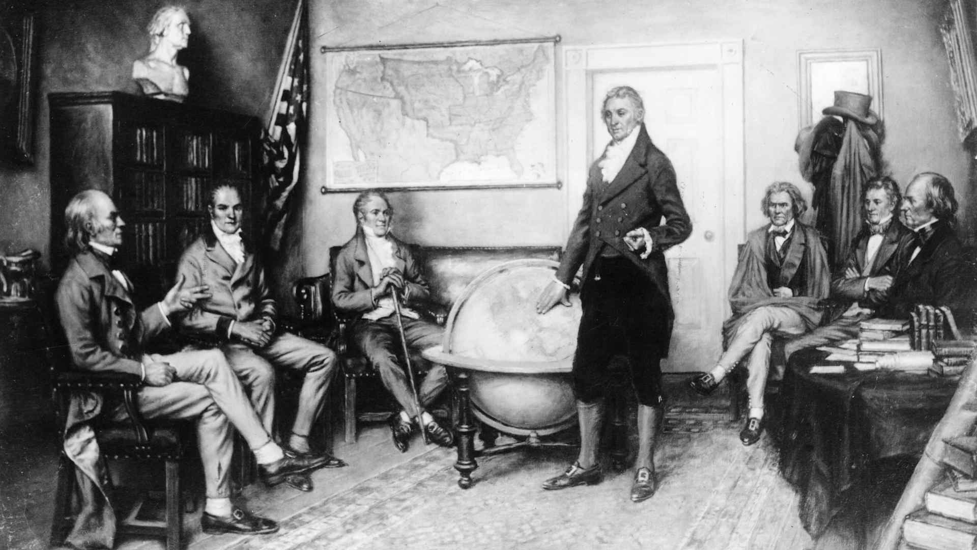 circa 1823: President James Monroe (1758 - 1831) with his Secretary of State John Quincy Adams (1767 - 1848), Secretary of the Treasury William H Crawford, Attorney General William Wirt, Secretary of War John Caldwell Calhoun (1782 - 1850), Secretary of the Navy Samuel Southard and Postmaster General John McLean discuss the Monroe Doctrine.