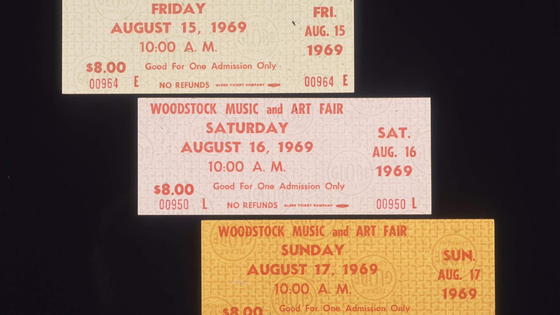 August 1969: Three single-day admission tickets for the Woodstock Music and Arts Fair in Bethel, New York.