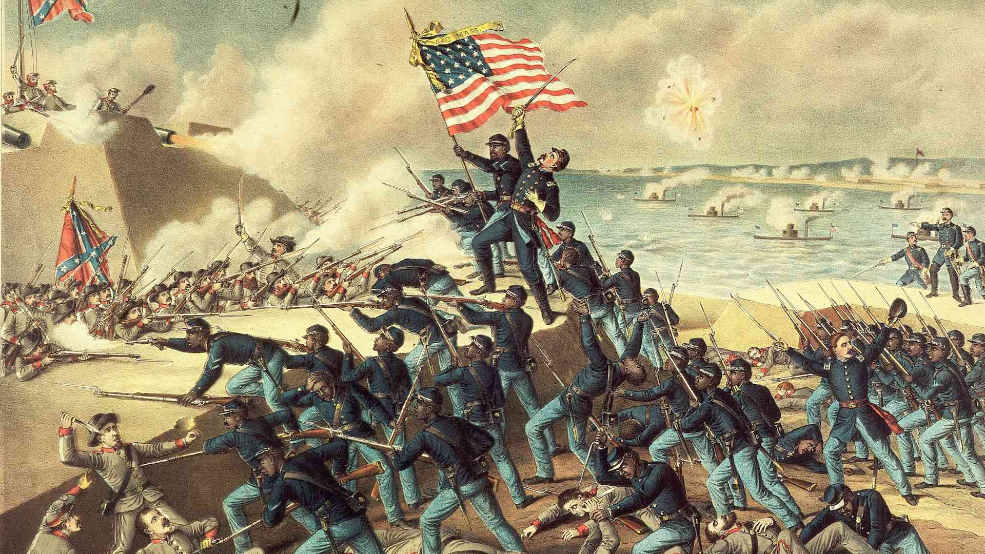 18th July 1863: The storming of Fort Wagner during the American Civil War, and the death of Colonel Robert Gould Shaw (atop the hill). He led the 54th Massachusetts Volunteer Infantry, the first African-American regiment in the US Army. (Photo by MPI/Getty Images)