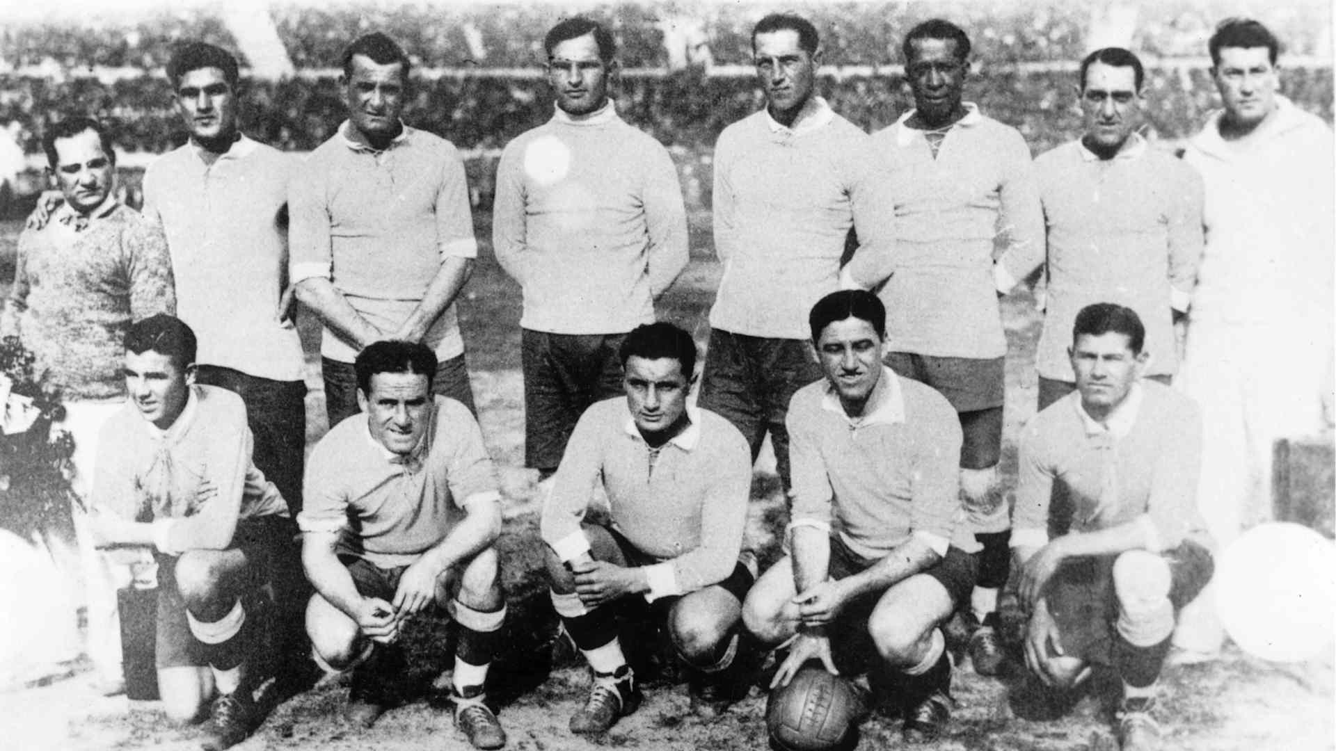 1930: The 1930 Uruguay football team, winners of the first World Cup competition. The team comprises of; Alvero Gestido, Jose Mazassi, enrique Ballestrero, Ernesto Masqueroni, Jose Leandre Andrade, Lorenzo Fernandez, Pablo Dorado, Hector Scarone, Hector Casstro, Pedro Cea and Santos Iziarte. (Photo by Keystone/Getty Images)