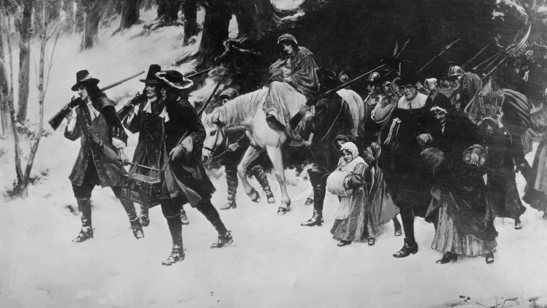 'The Flight Of The Huguenots', a painting by George Sheridan Knowles depicting French Protestant Huguenots fleeing religious persecution in France, after King Louis XIV revoked the Edict of Nantes and declared Protestantism to be illegal, 1685.