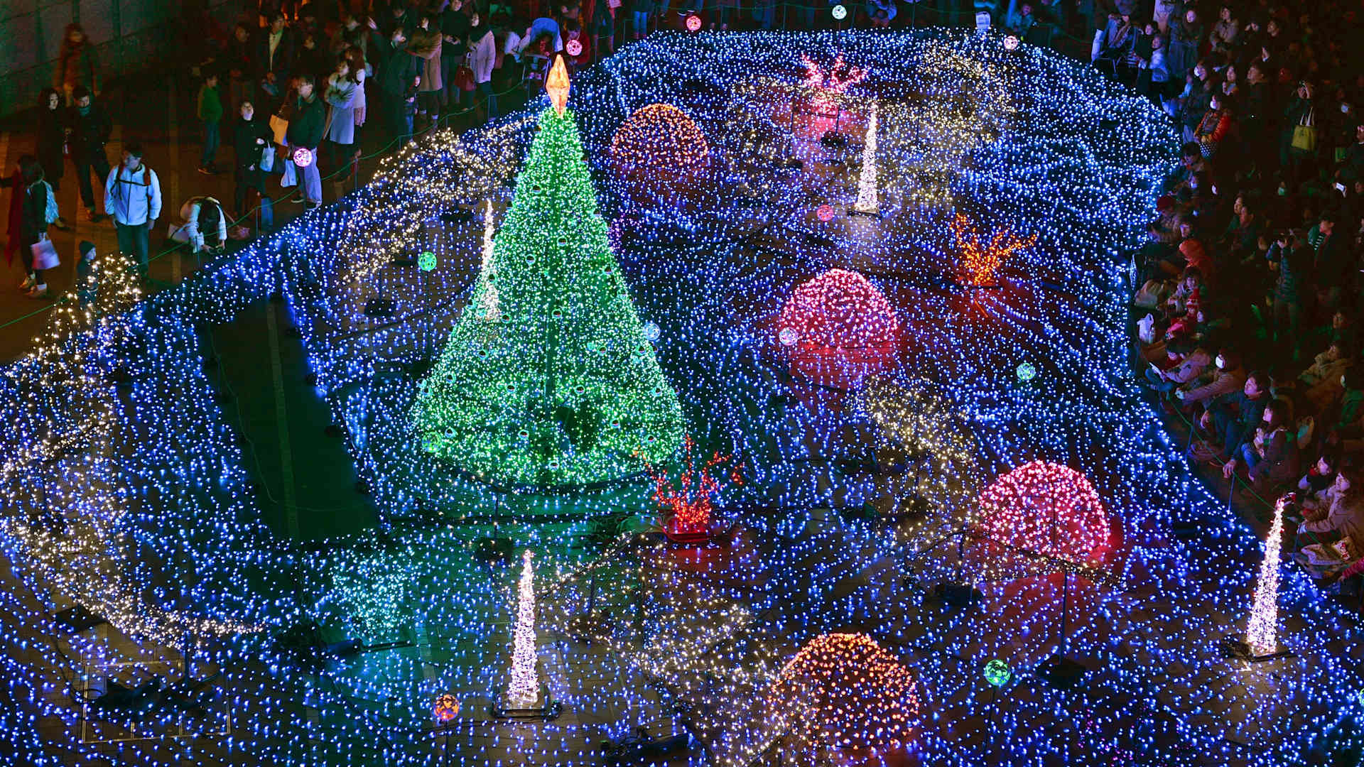 People enjoy Christmas illuminations featuring the theme of "Christmas in the sea" in Tokyo's Shiodome on December 7, 2013.