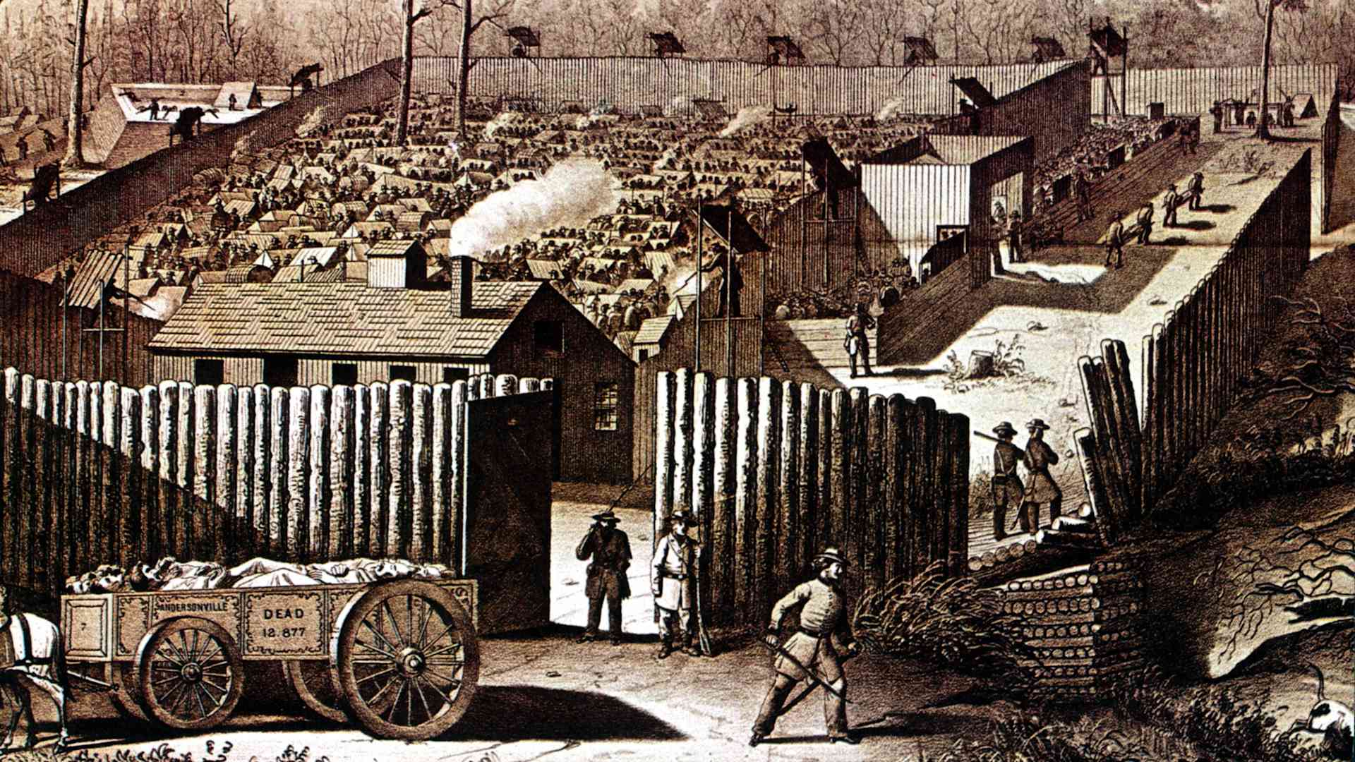 Prison stockade at Andersonville, Georgia, American Civil War, 1861-1865. During the summer of 1864, 32,899 Union (northern) prisoners were confined here. In the National Cemetery at Andersonville, 12,912 who did not survive are buried.