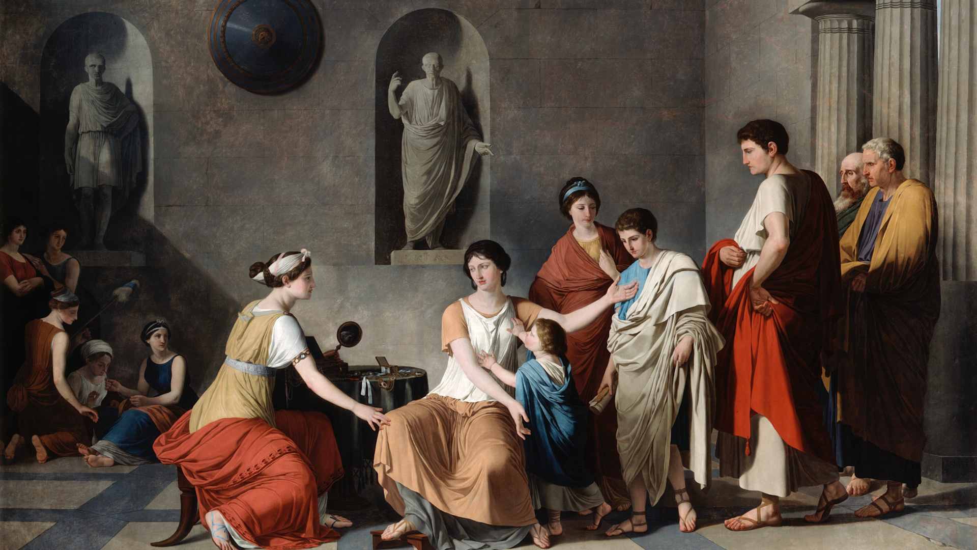 'The Mother of the Gracchi', c. 1780. Ancient Rome's Cornelia, mother of the Gracchi, presents her children, saying: Here are my riches and my jewels. From the Musee du Louvre, Paris.