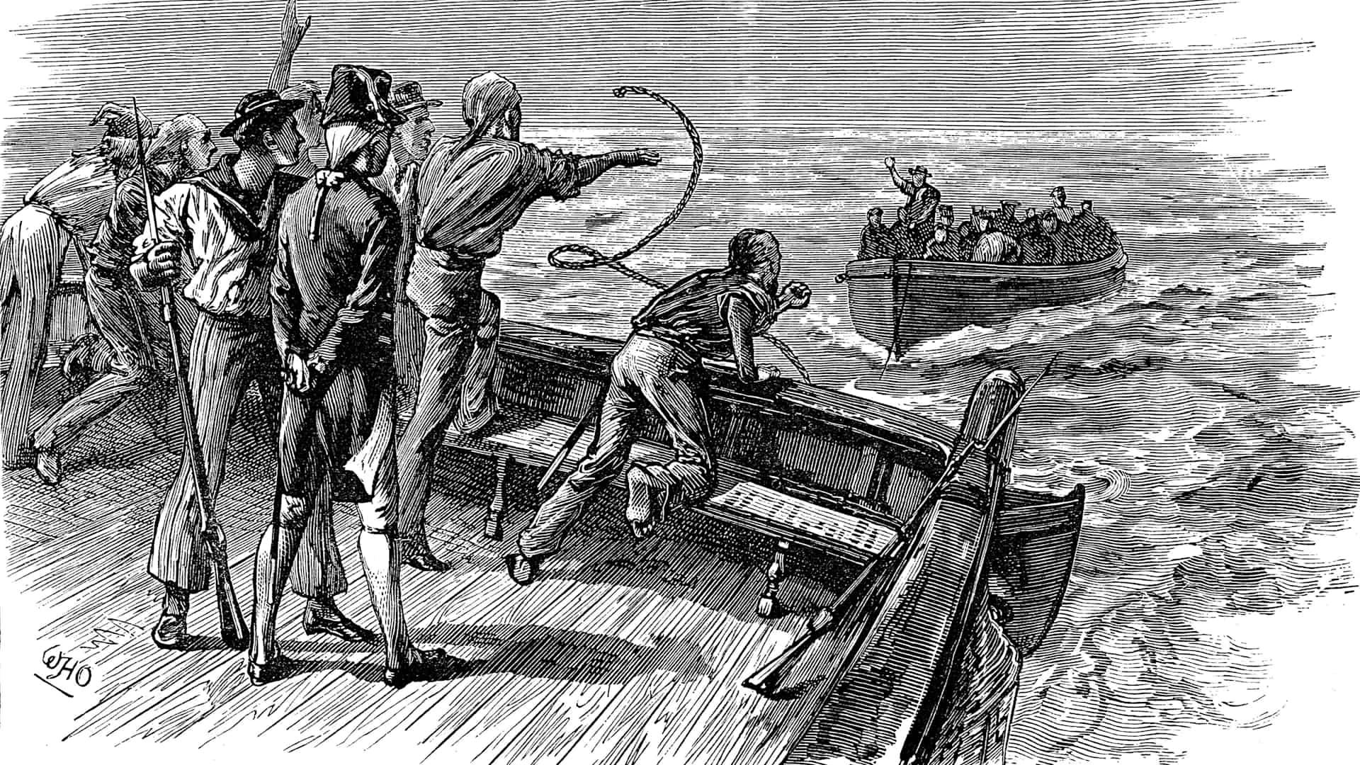 Mutiny of the crew of HMS 'Bounty', 28 April 1789. Lieutenant William Bligh (1754-1817), English naval officer and his 18 companions cast adrift in a longboat by Fletcher Christian and the 'Bounty' mutineers. With few supplies and no charts, after a voyage of 4000 miles and great privations, Bligh and his companions landed on Timor on 14 June 1789. (Photo by Ann Ronan Pictures/Print Collector/Getty Images)