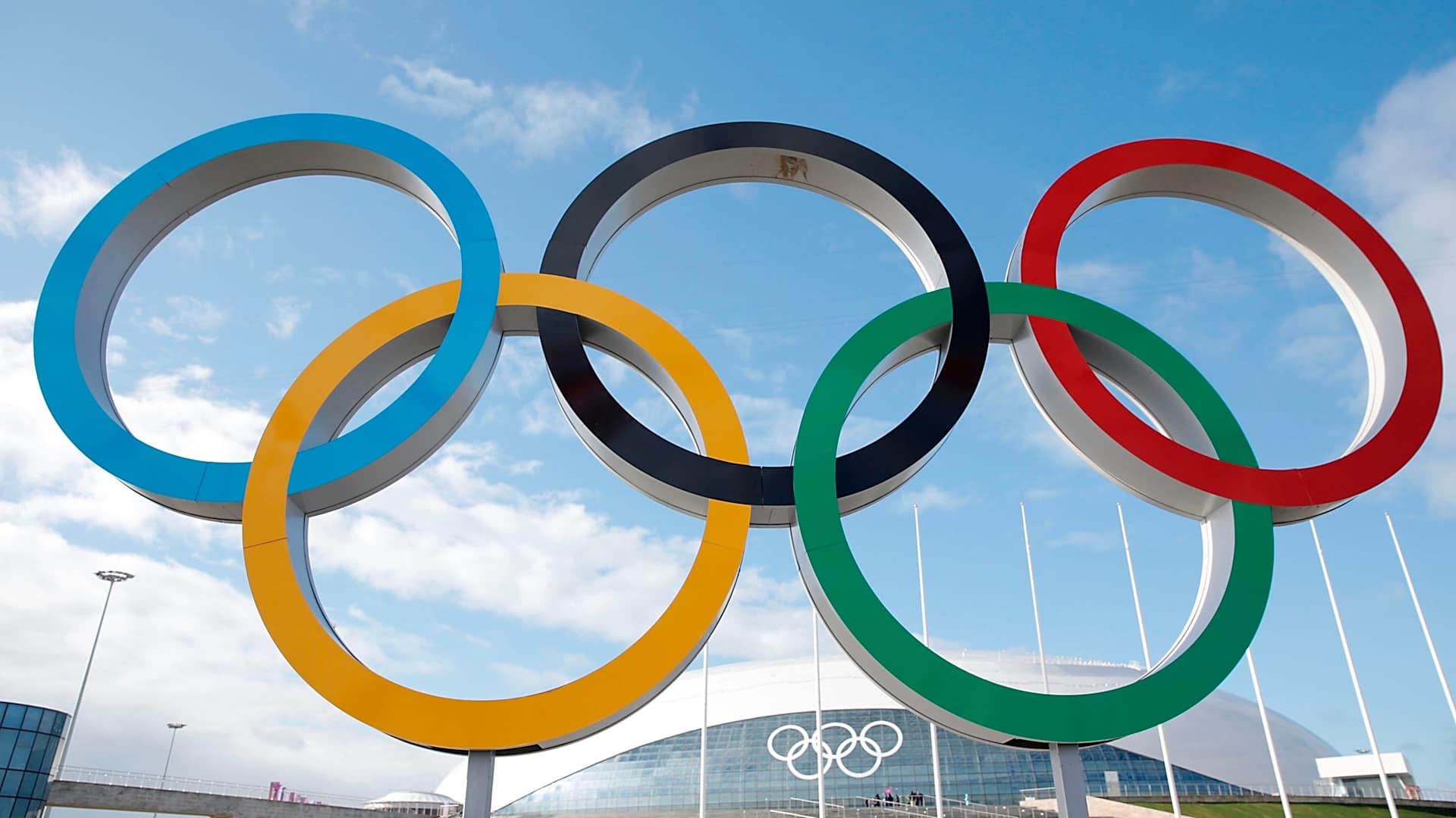 A general view of the Olympic Rings in front of the Bolshoy Ice Dome prior to the Sochi 2014 Winter Olympics