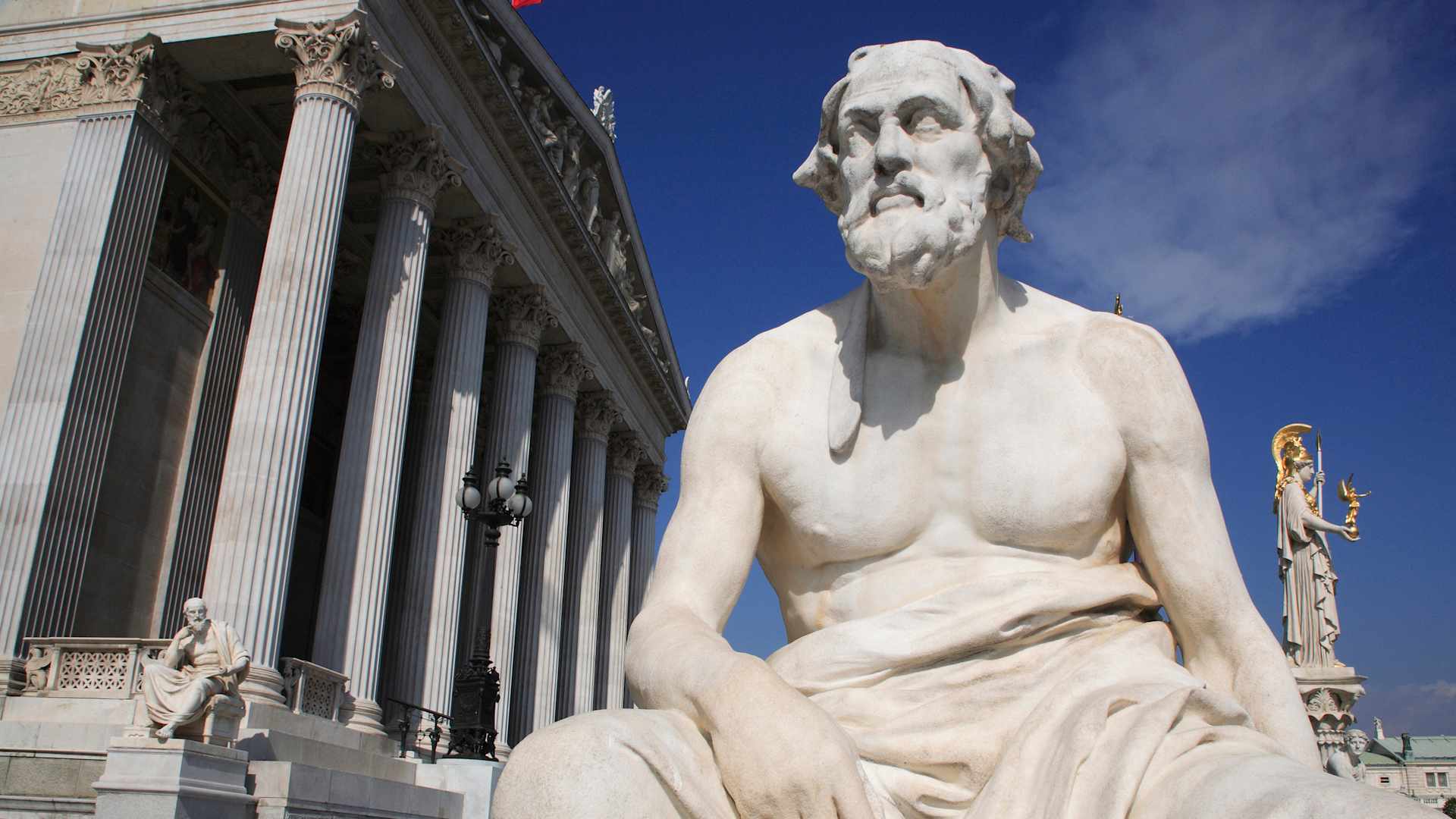 Austria, Vienna, Statue of Thucydides the Greek philosopher in front of Parliament building. (Photo by: Eye Ubiquitous/Universal Images Group via Getty Images)