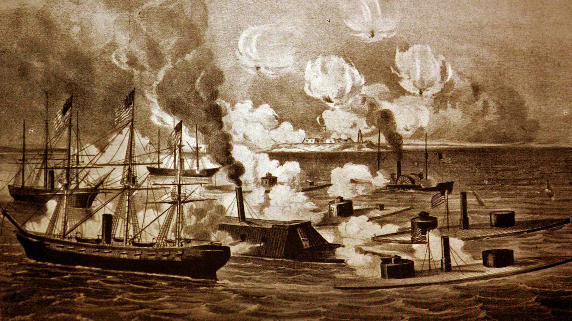The Battle of Mobile Bay, August 5th 1864. This print shows the old type broadside ship, the improvised paddle gunboat, the ironclad ram Tennessee, which the Confederates built in face of so many difficulties and the primitive monitors which defeated her. . (Photo by Universal History Archive/Universal Images Group via Getty Images)