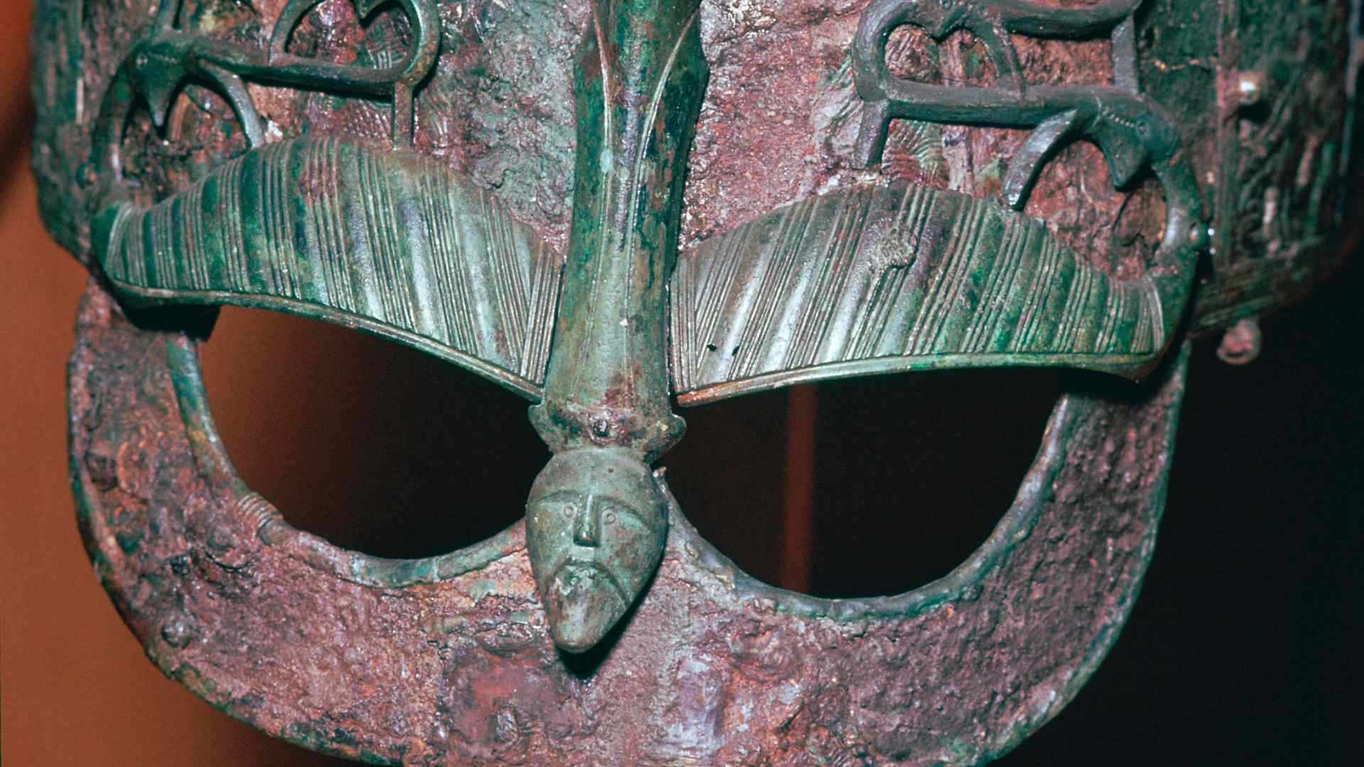 Detail of a Viking helmet from grave one at Vendel, Uppland, Sweden. In the Staten Historika Museum's collection in Stockholm, 7th century.
