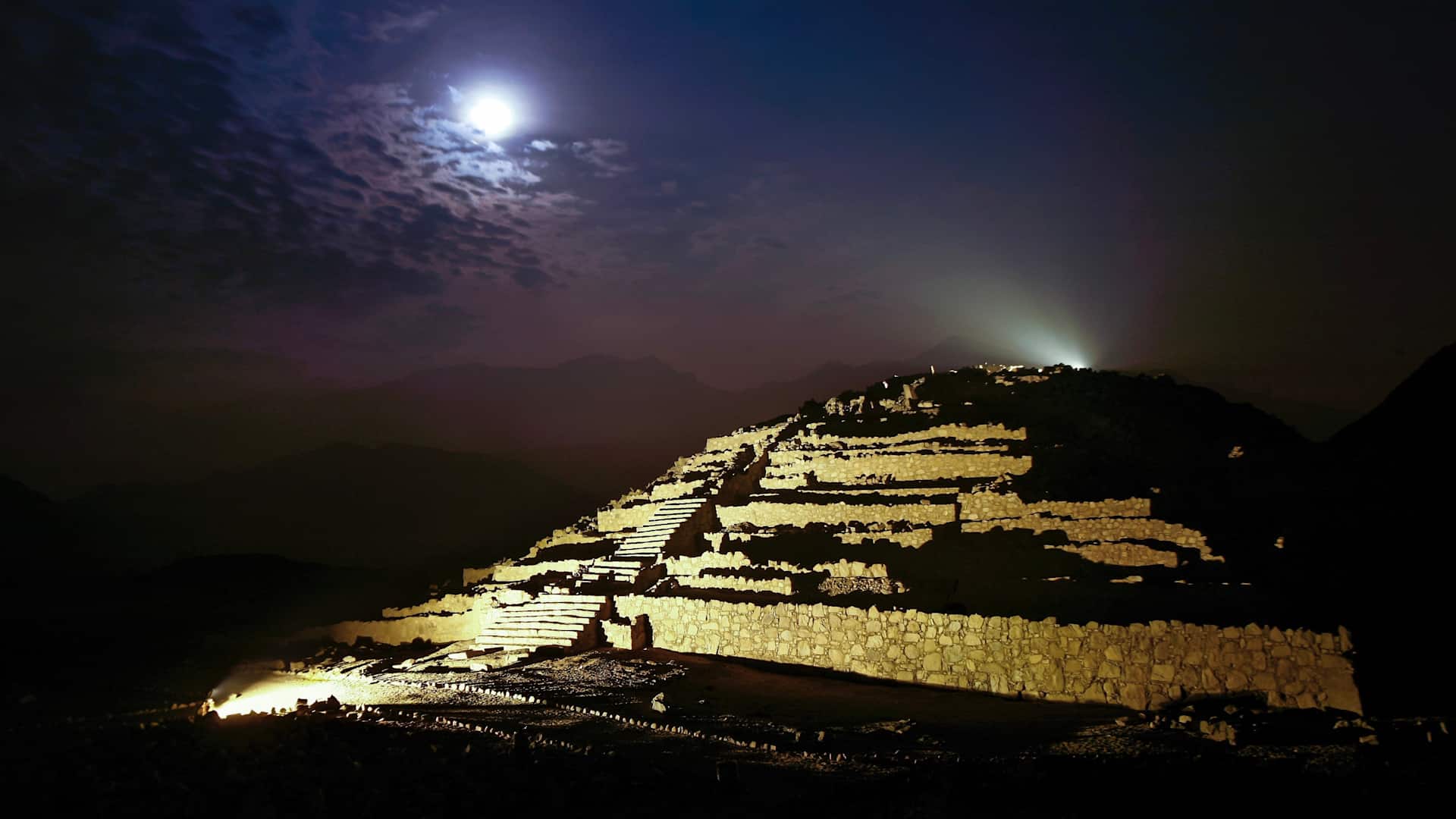 Night view of the UNESCO World Heritage-listed archaeological site of Caral-Supe, one of the oldest centers of civilization in the Americas.