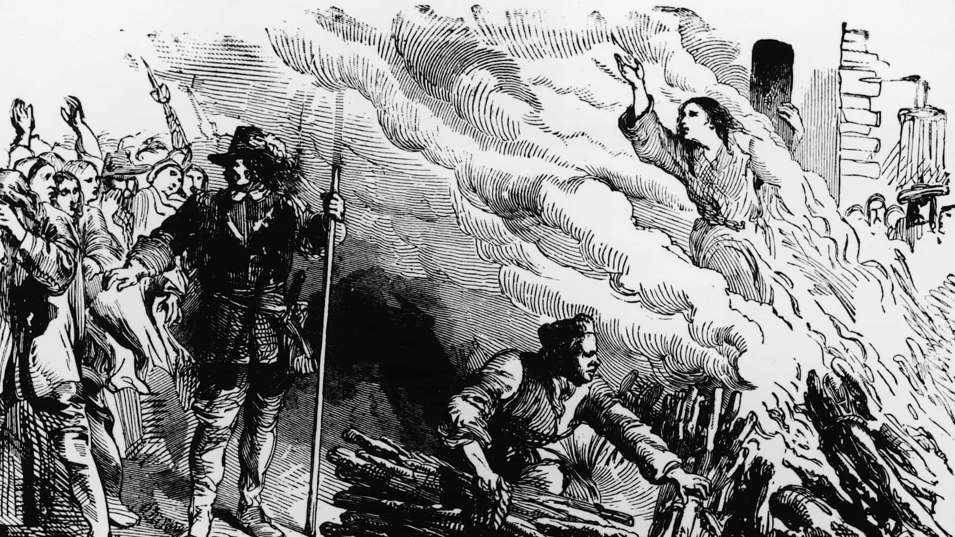 An illustration depicts a woman being burned at the stake for the crime of engaging in witchcraft, circa 1692.