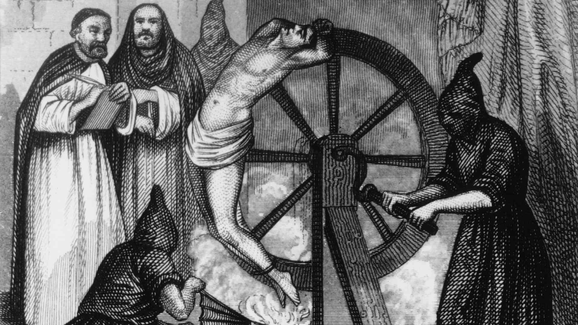 A prisoner undergoing torture at the hands of the Spanish Inquisition, c. 1500. Monks in the background wait for his confession with quill and paper.