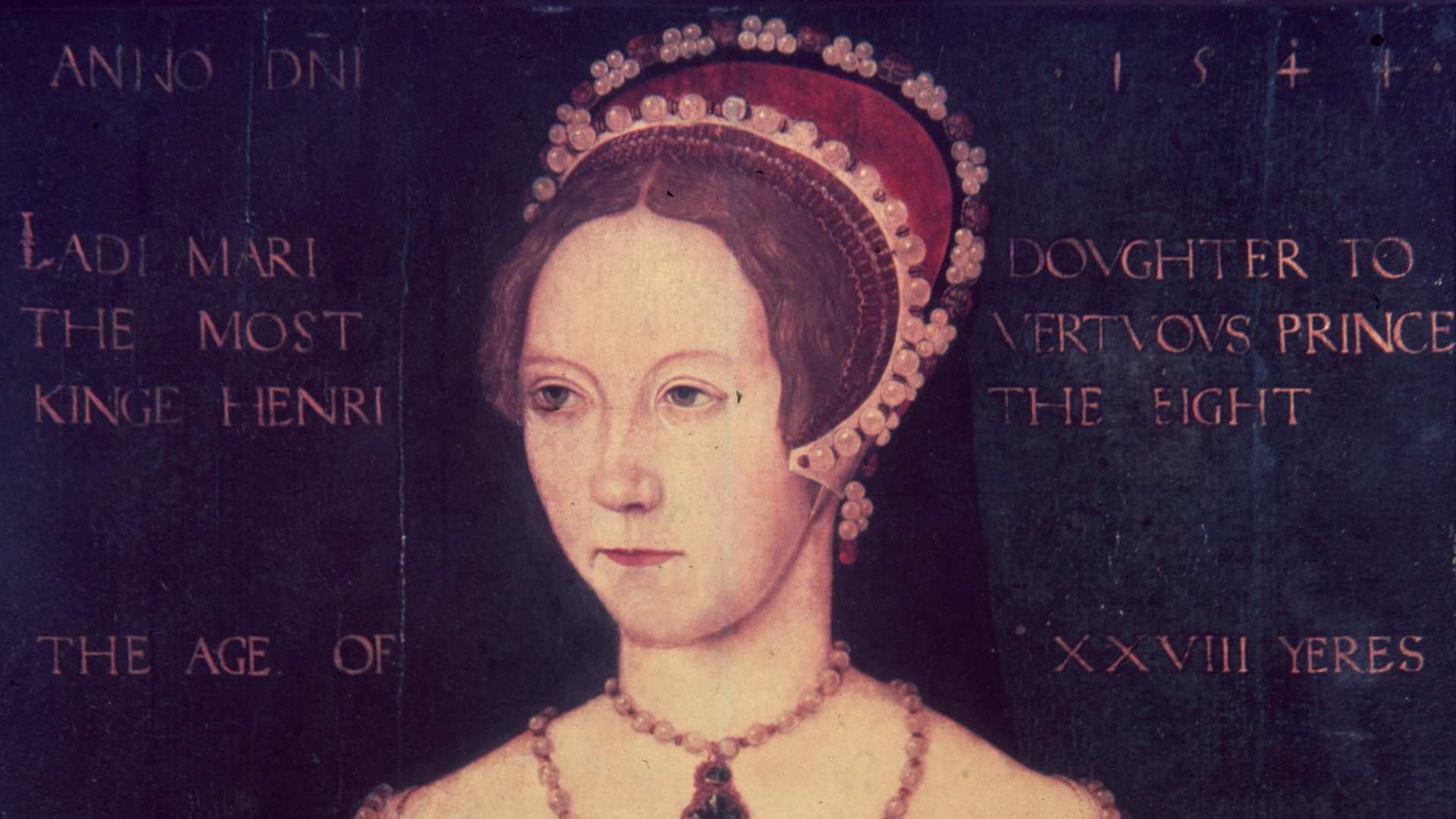 Mary Tudor (1516 - 1558), the daughter of Henry VIII and Catherine of Aragon, at the age of 28. Following the death of her half-brother Edward VI and the brief rule of Lady Jane Grey, she ascended to the English throne as Queen Mary I in 1553.