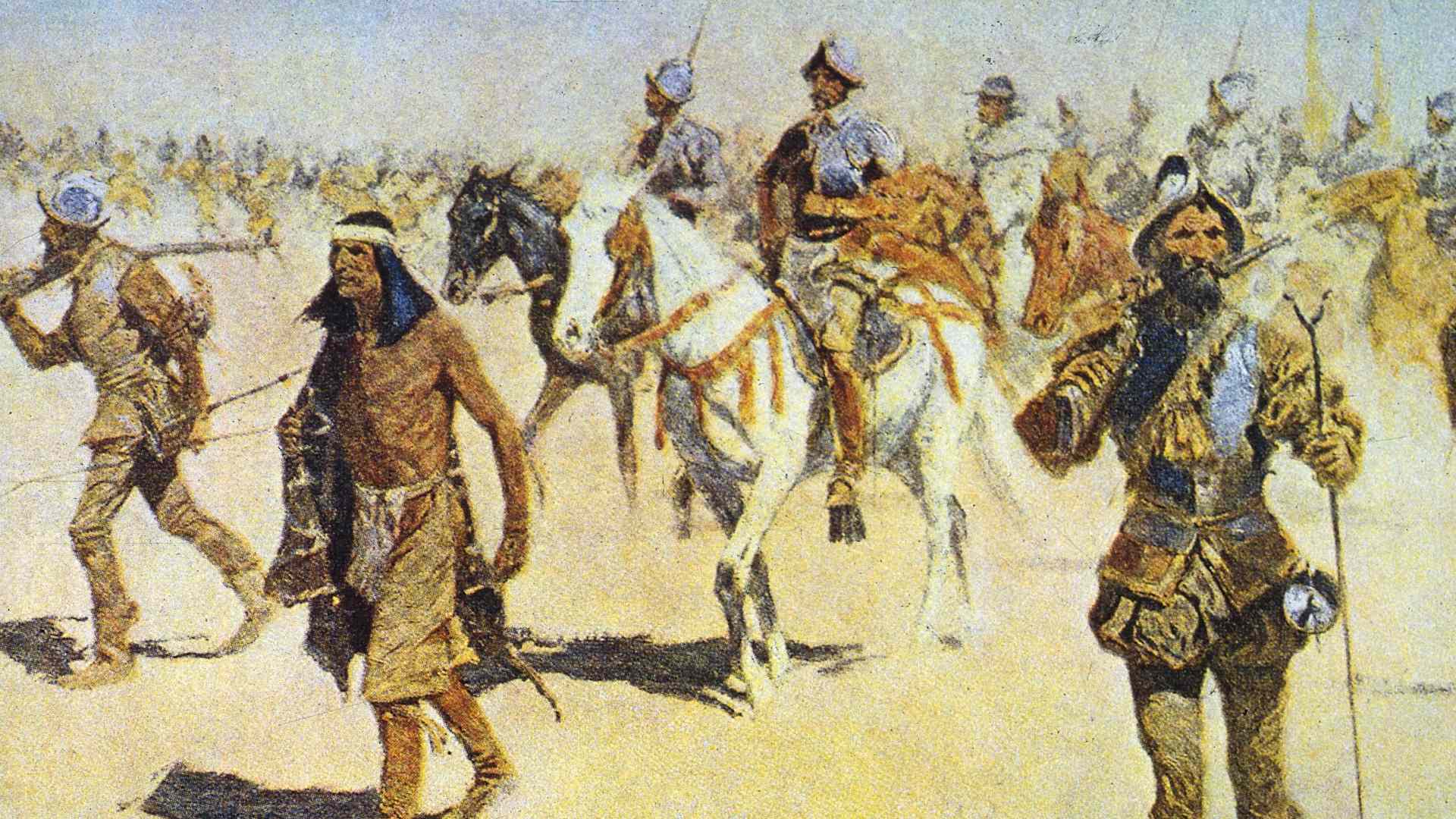 Painting by Frederic Remington of Spanish explorer Francisco Vasquez de Coronado (1510 - 1554) on his expedition to conquer the legendary Seven Cities of Cibola, accompanied by a Native American guide.