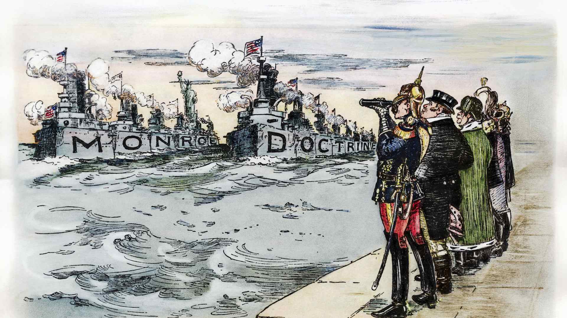 Political cartoon from the "New York Herald," ca. 1904, showing European potentates observing American naval might. Written on the two ships is "Monroe Doctrine," and the cartoon's caption reads, "Let it be written so it can be heard."