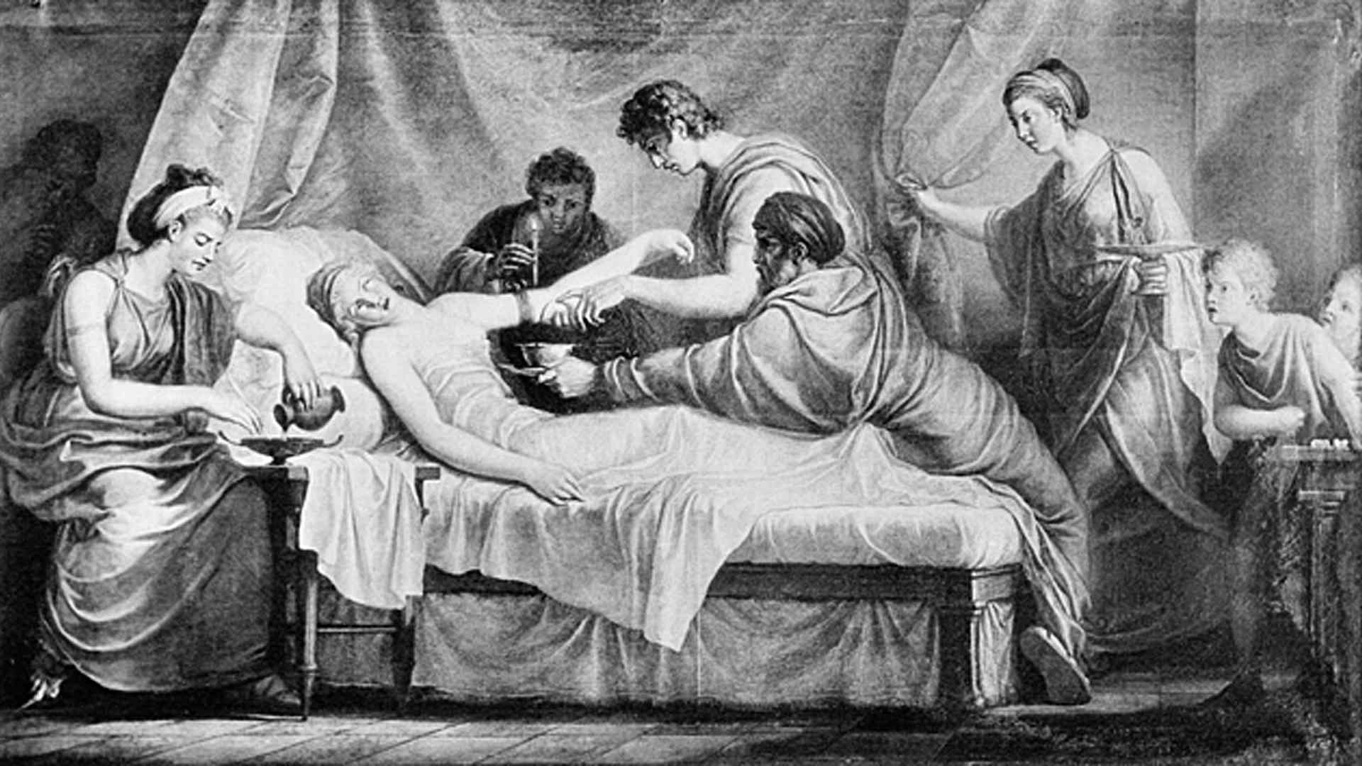 Bloodletting scene at a Grecian sick bed.