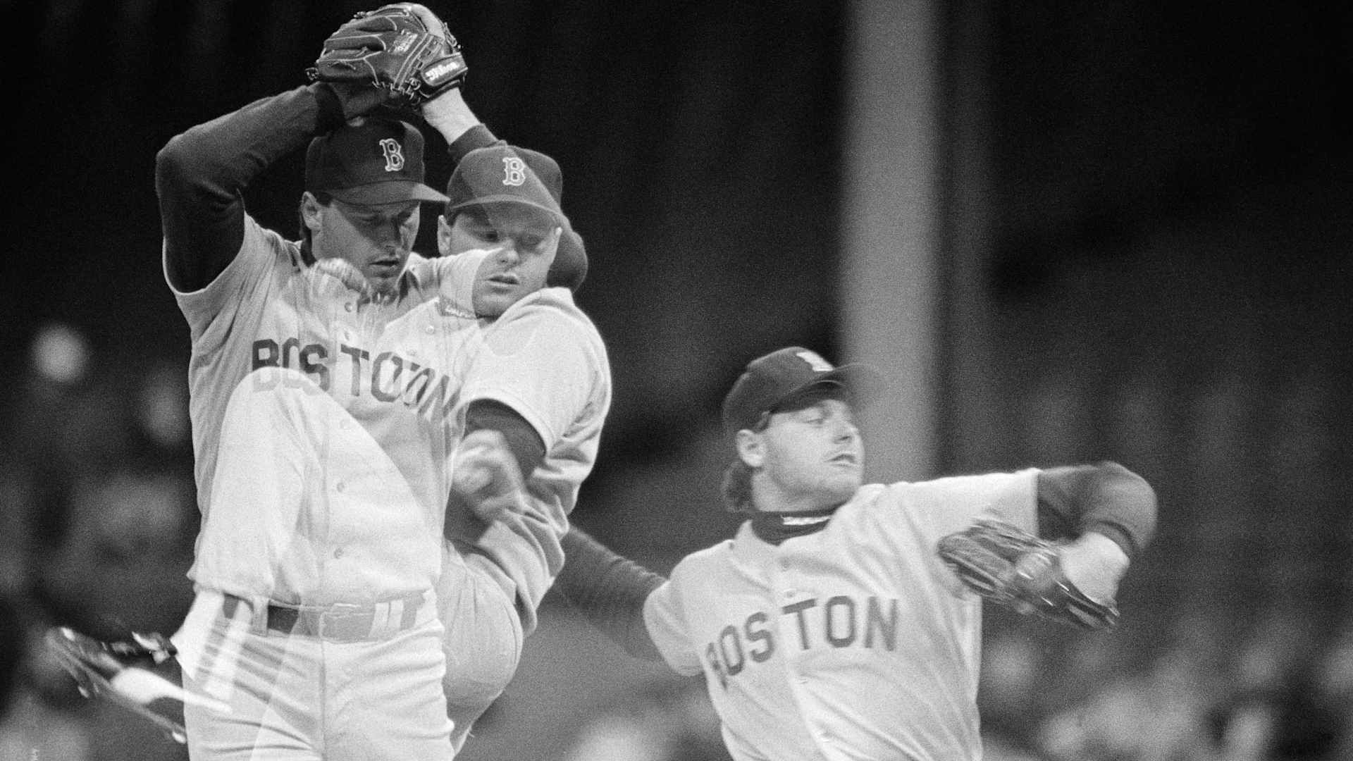 Boston Red Sox pitcher Roger Clemens is shown in his wind up and pitch during the 1st inning of the Detroit-Boston game in this multiple exposure.